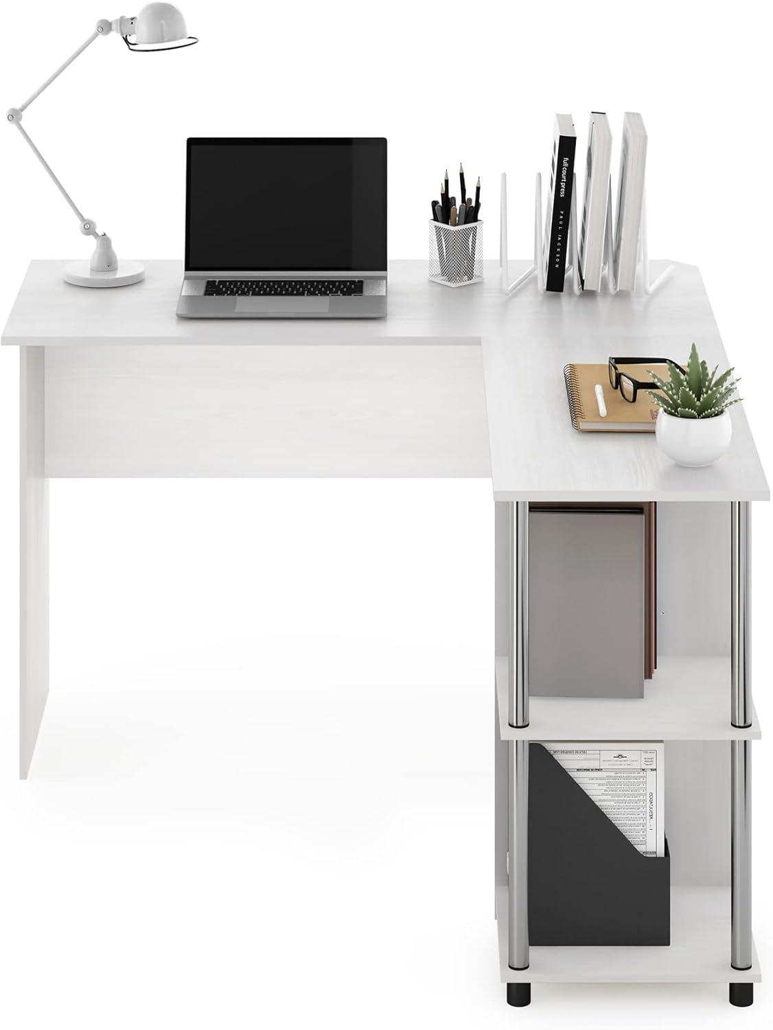 Furinno L-Shape Desk with Stainless Steel Tubes, White Oak