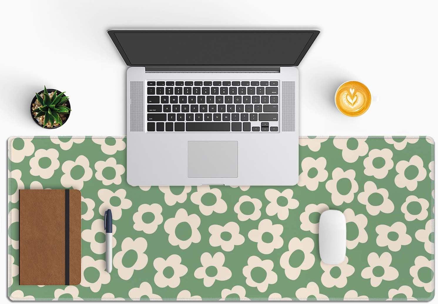 Vintage Groovy Green Flowers Gaming Mouse Pad,Extended Large Mouse Mat Desk Pad,Big Computer Keyboard Desk Pad,Stitched Edges Mousepad,3mm Thick Long Non-Slip Rubber Base Mice Pad, 31.5 X 11.8 Inch