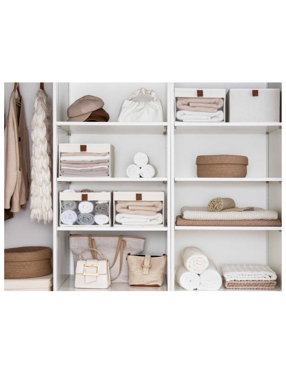 Closet Storage Bins with Clear Window and 2 Handles, Foldable Clothing Bins for Shelves, Large Fabric Organizer, Beige, 3 Pack