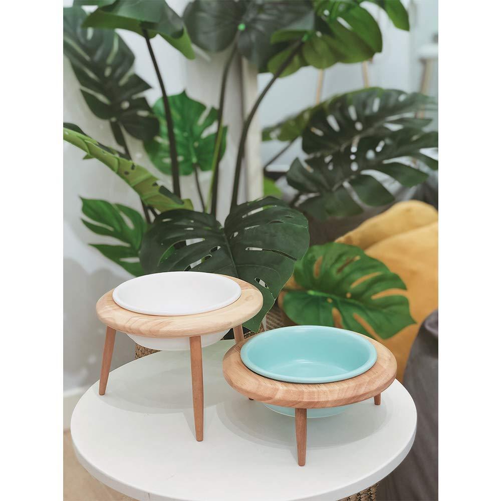 LIONWEI LIONWELI Blue Ceramic Adjustable Elevated Raised Pet Bowl with Wood Stand for Cats and Dogs No Spill Pet Food Water Feeder (3 Installation Methods for Different Height) Large