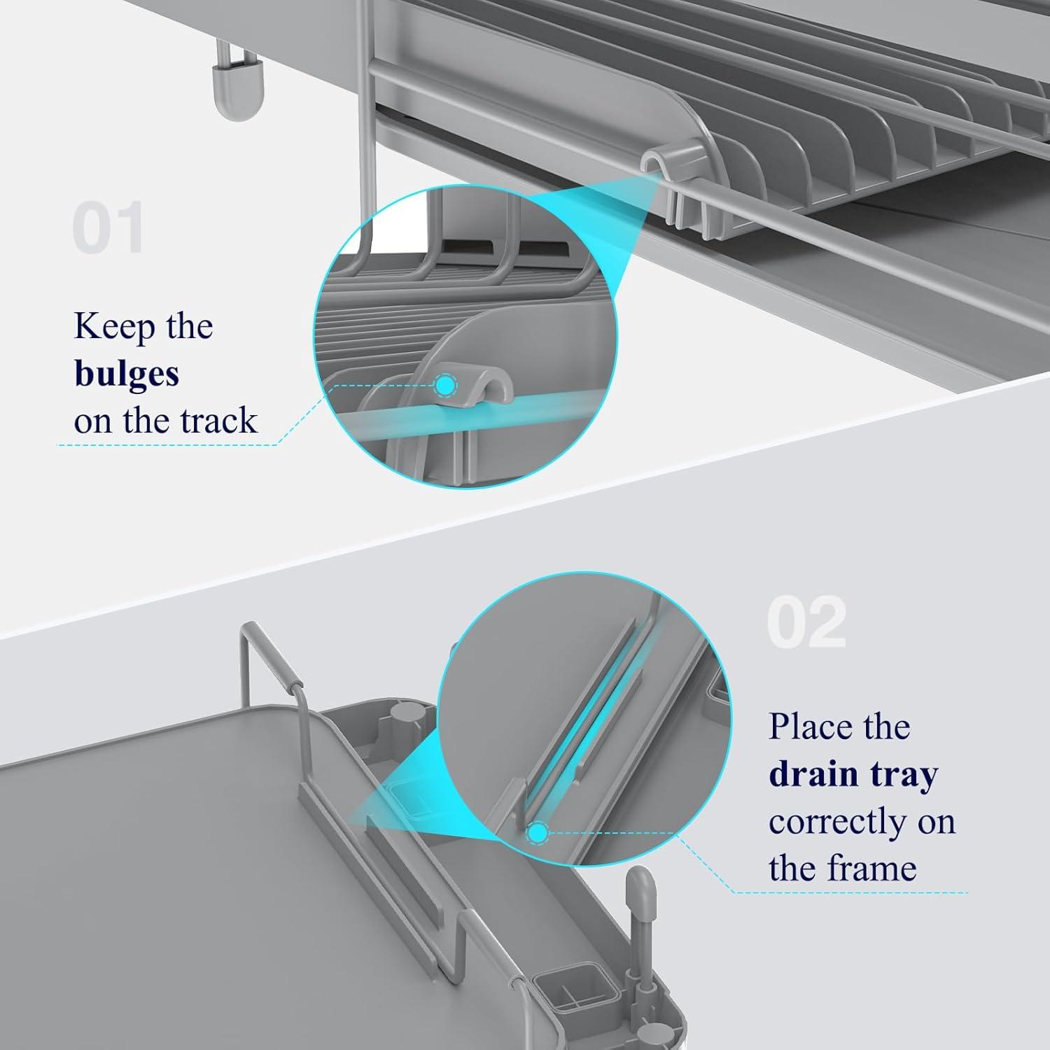 Kitsure Large Dish Drying Rack - Extendable Dish Rack, Multifunctional Dish Rack for Kitchen Counter, Anti-Rust Dish Drainers with Cutlery & Cup Holders 19.2"-26.7" L x 12.9" W, Grey