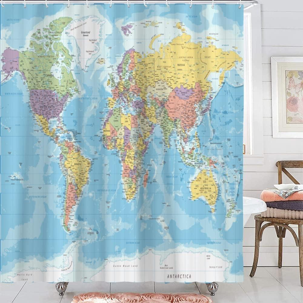 Educational World Map Waterproof Fabric Shower Curtain