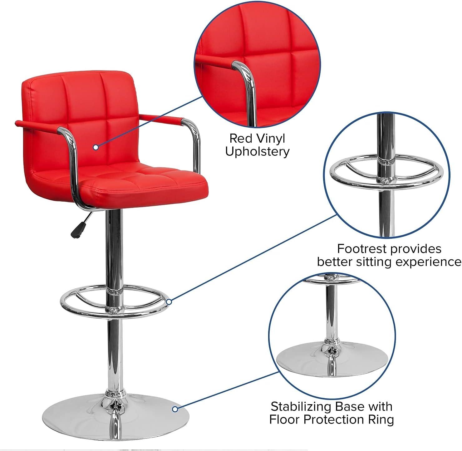 Red Adjustable Height Swivel Leather Bar Stool with Metal Base