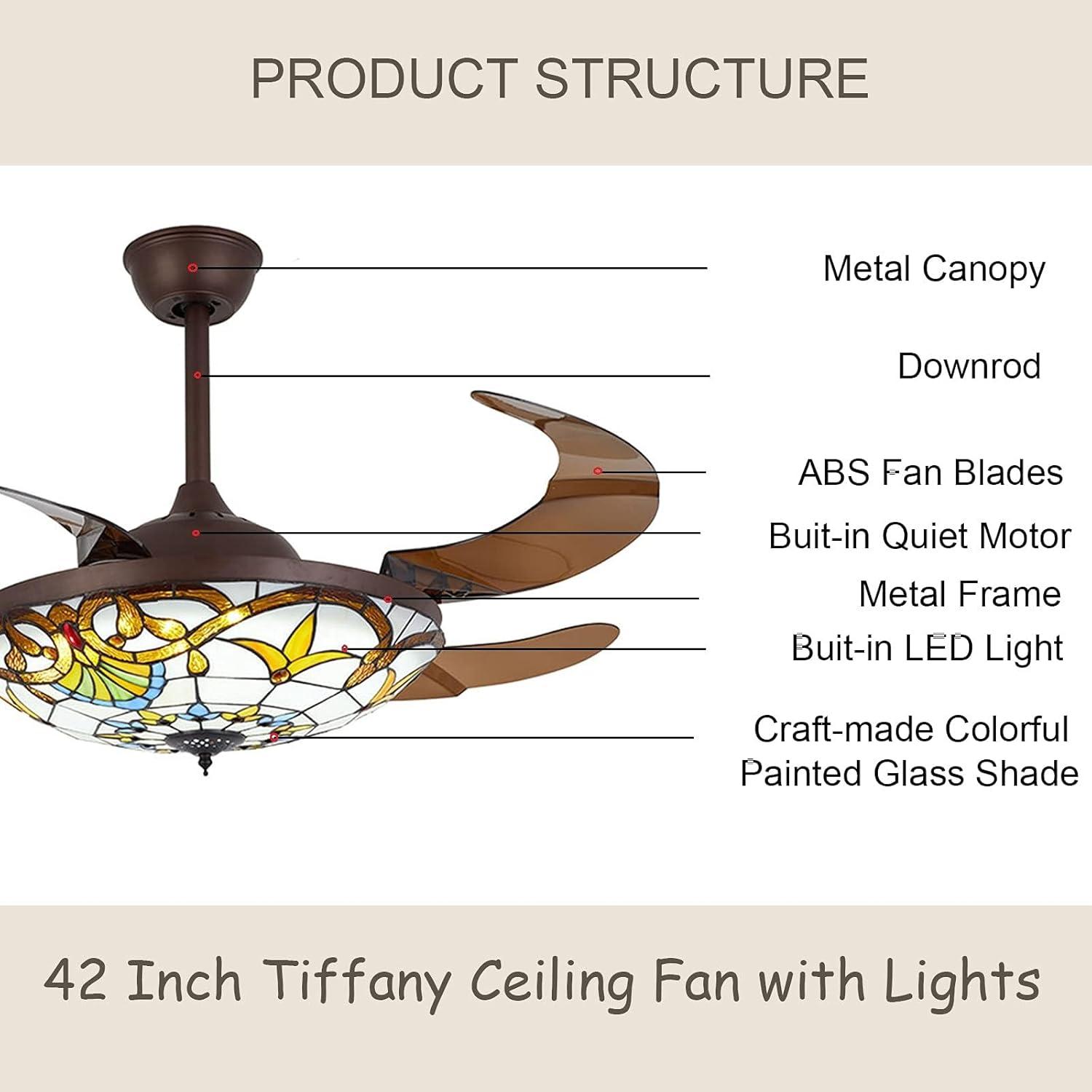 FETCOI 42"Tiffany Style Invisible Ceiling Fan with Lights and Remote Control Retractable Reverse Blades