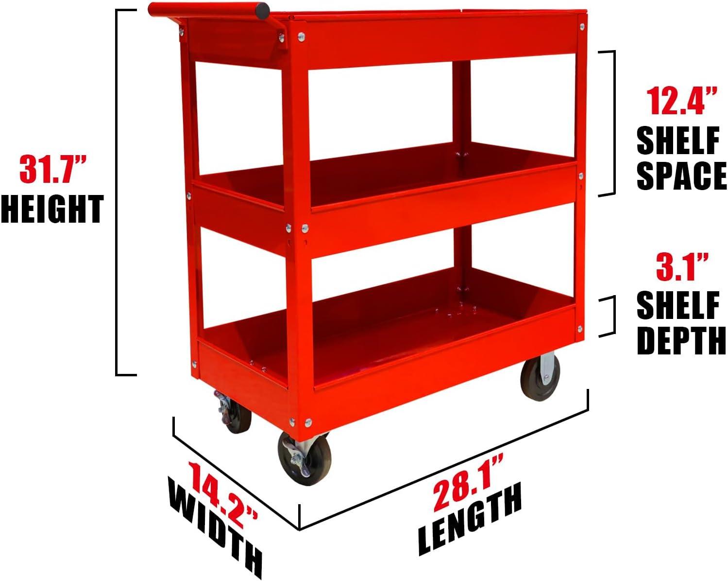 Red Heavy Duty 3-Tier Steel Utility Cart with Wheels