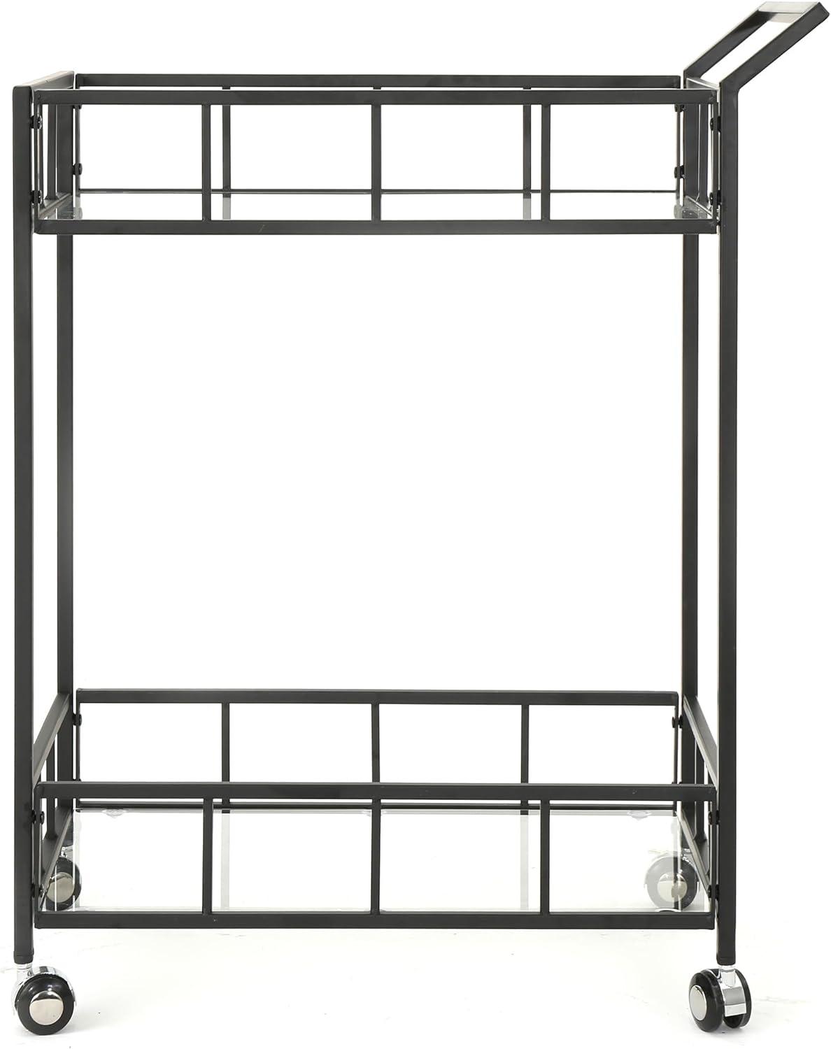 Versatile Modern Black Iron 2-Tier Bar Cart with Tempered Glass