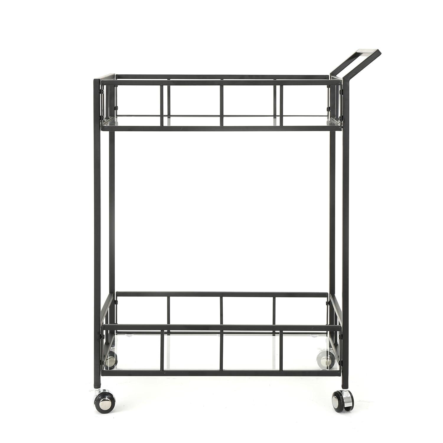 GDF Studio Talon Indoor/Outdoor Modern Iron 2 Tiered Bar Cart with Tempered Glass Top, Black