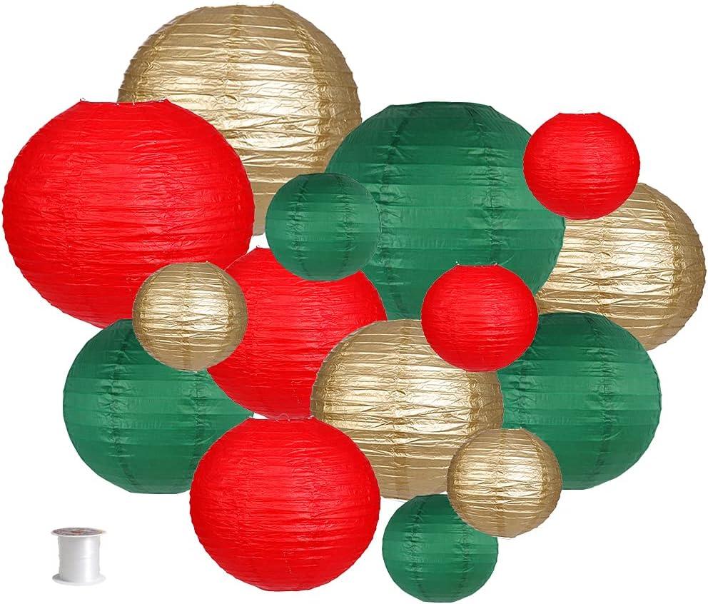 Festive Red Green Gold Round Paper Lantern Set, 15 Pieces