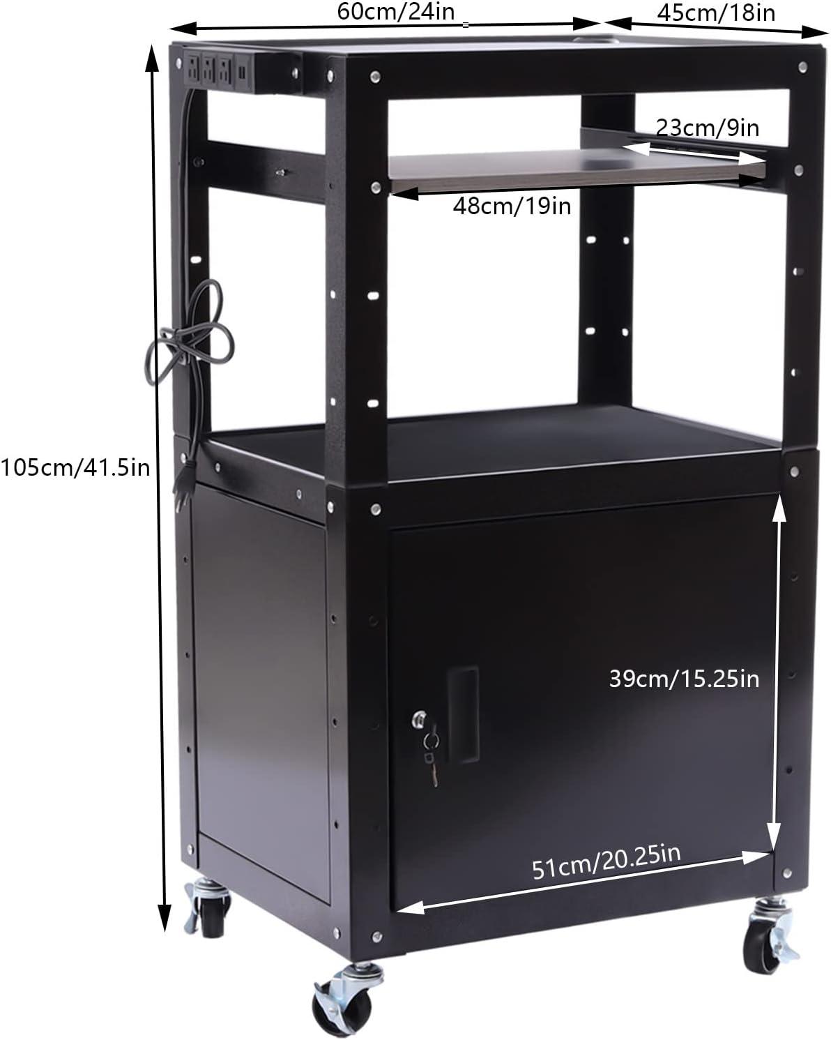 Projector Cart AV Cart, Utility Media Cart with Wheel+Pullout Tray+Locking Cabinet+Power Strip, 31.5-43 Inch Height Adjustable, for Classroom Conference Room Black Load 35kg Easy to Assemble