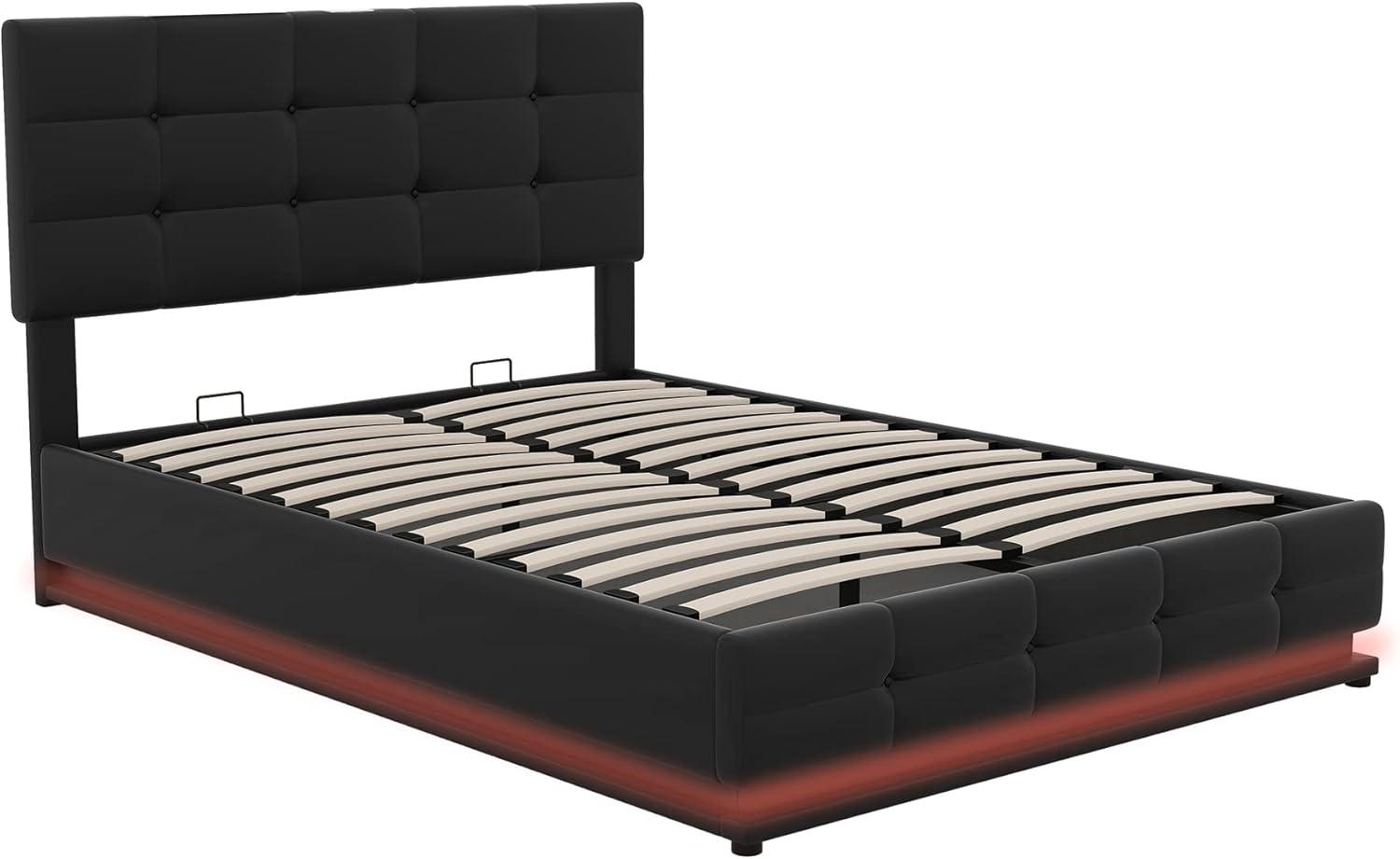 Black Faux Leather Full Bed with LED Lights and Storage