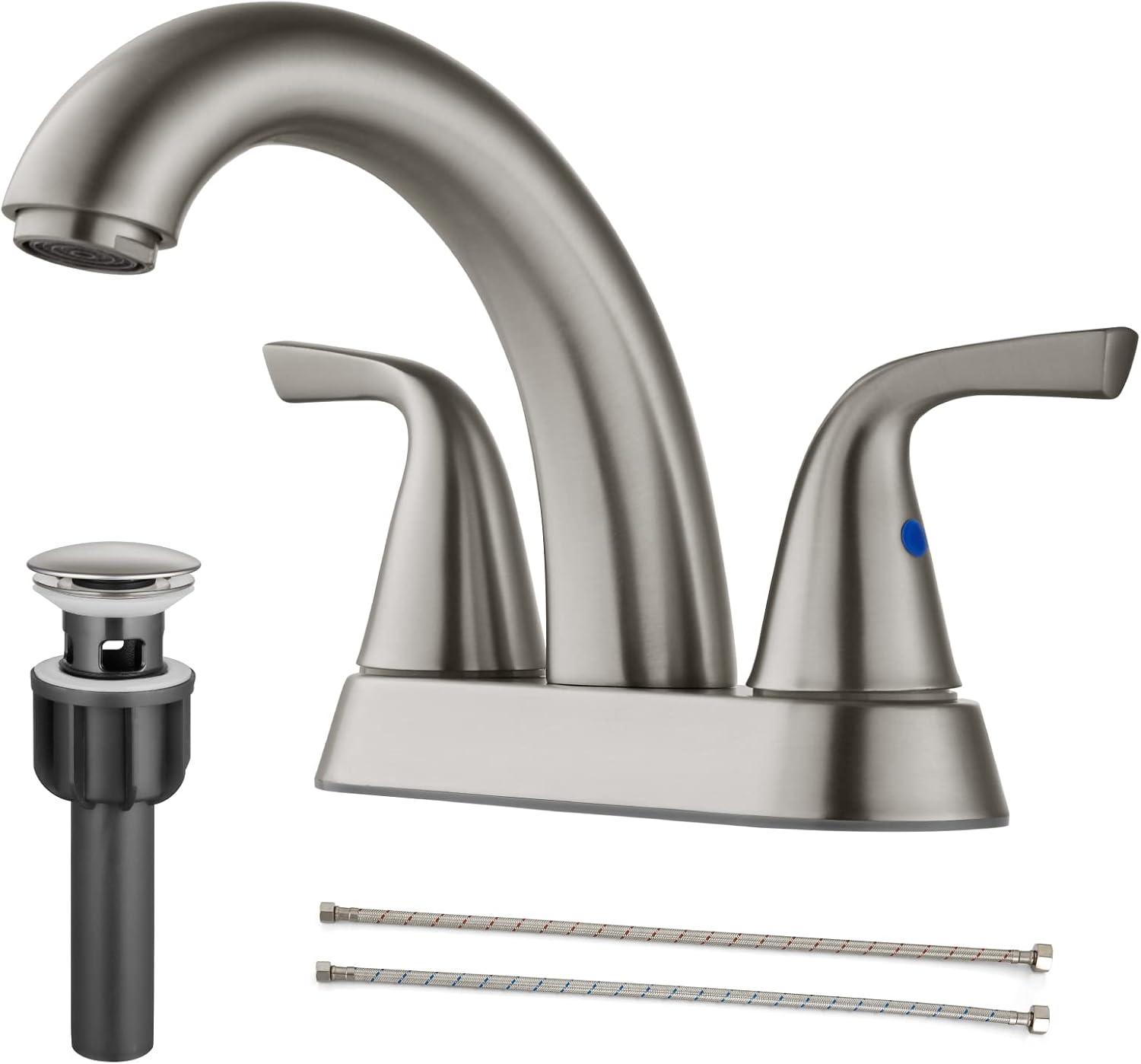 Brushed Nickel Double Handle High Arc Bathroom Faucet with Pop-Up Drain