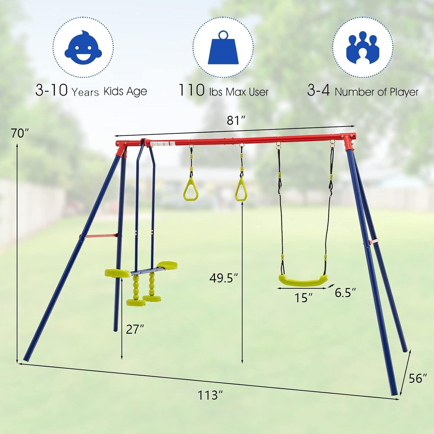 Red and Blue 3-Seat Metal Swing Set with Glider