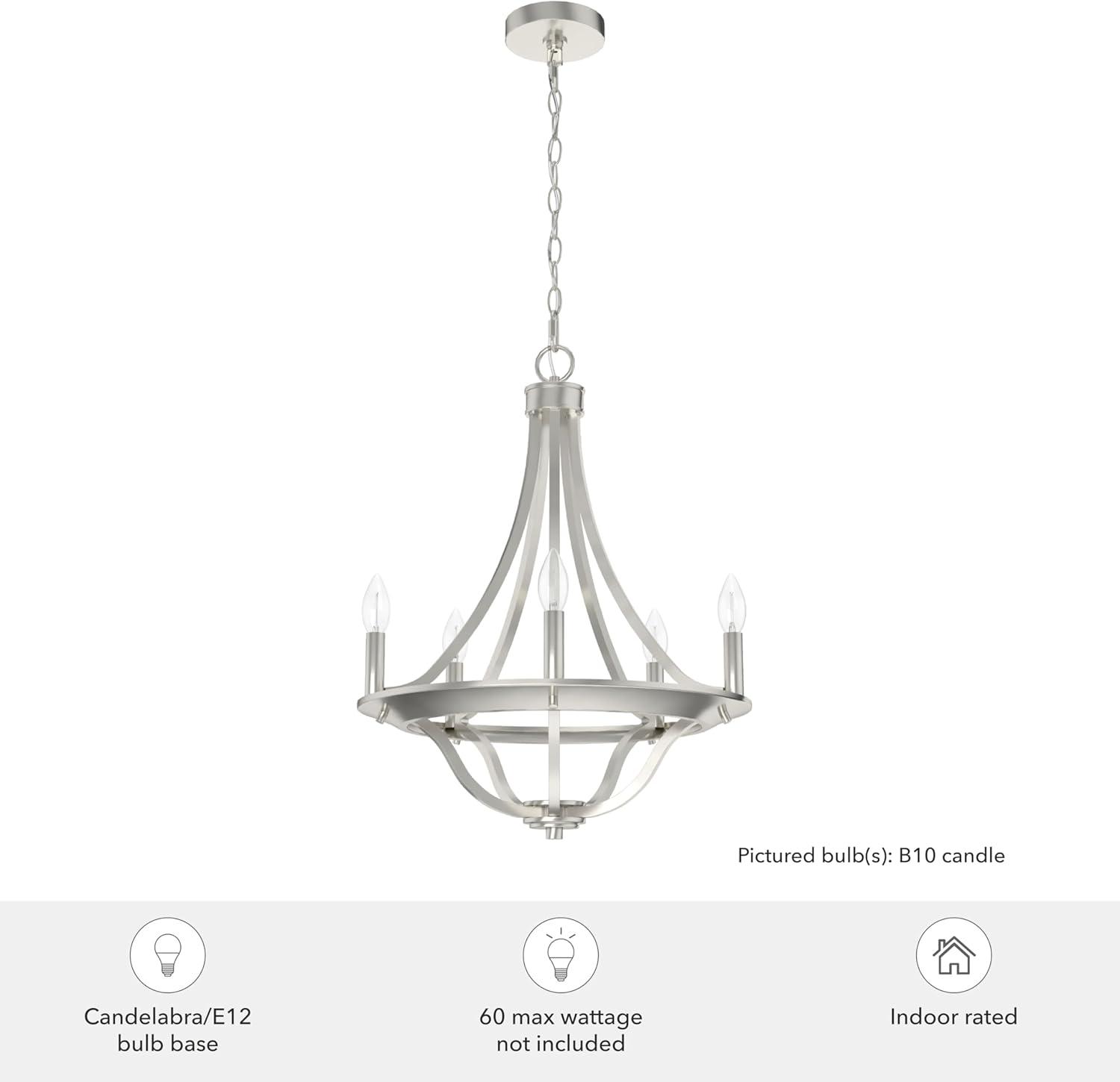 Hunter - Perch Point 5-light Brushed Nickel, Medium Size Chandelier, Dimmable, Casual Style, Empire Shaped, for Bedrooms, Kitchens, Dining, Living Rooms - 19425