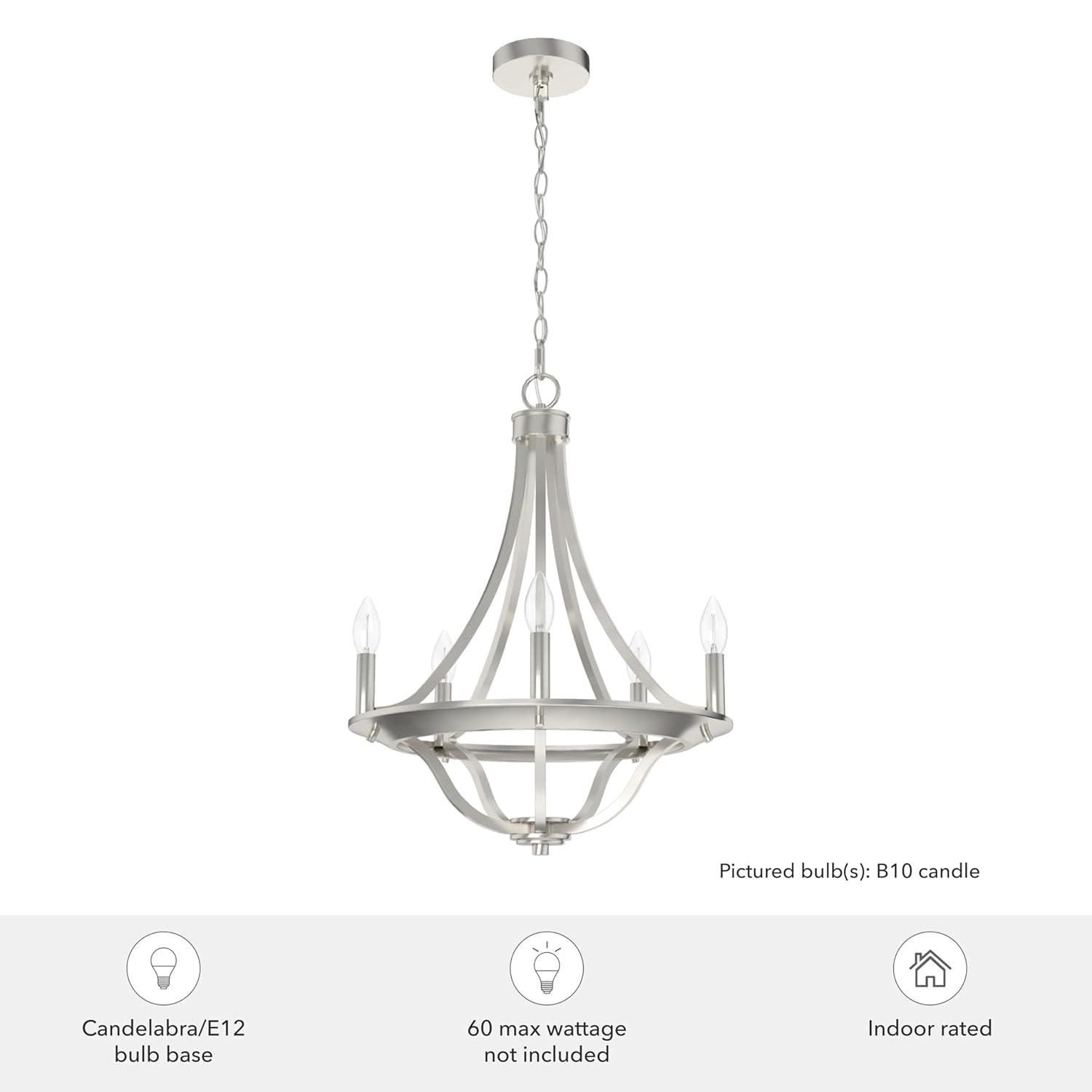 Hunter - Perch Point 5-light Brushed Nickel, Medium Size Chandelier, Dimmable, Casual Style, Empire Shaped, for Bedrooms, Kitchens, Dining, Living Rooms - 19425