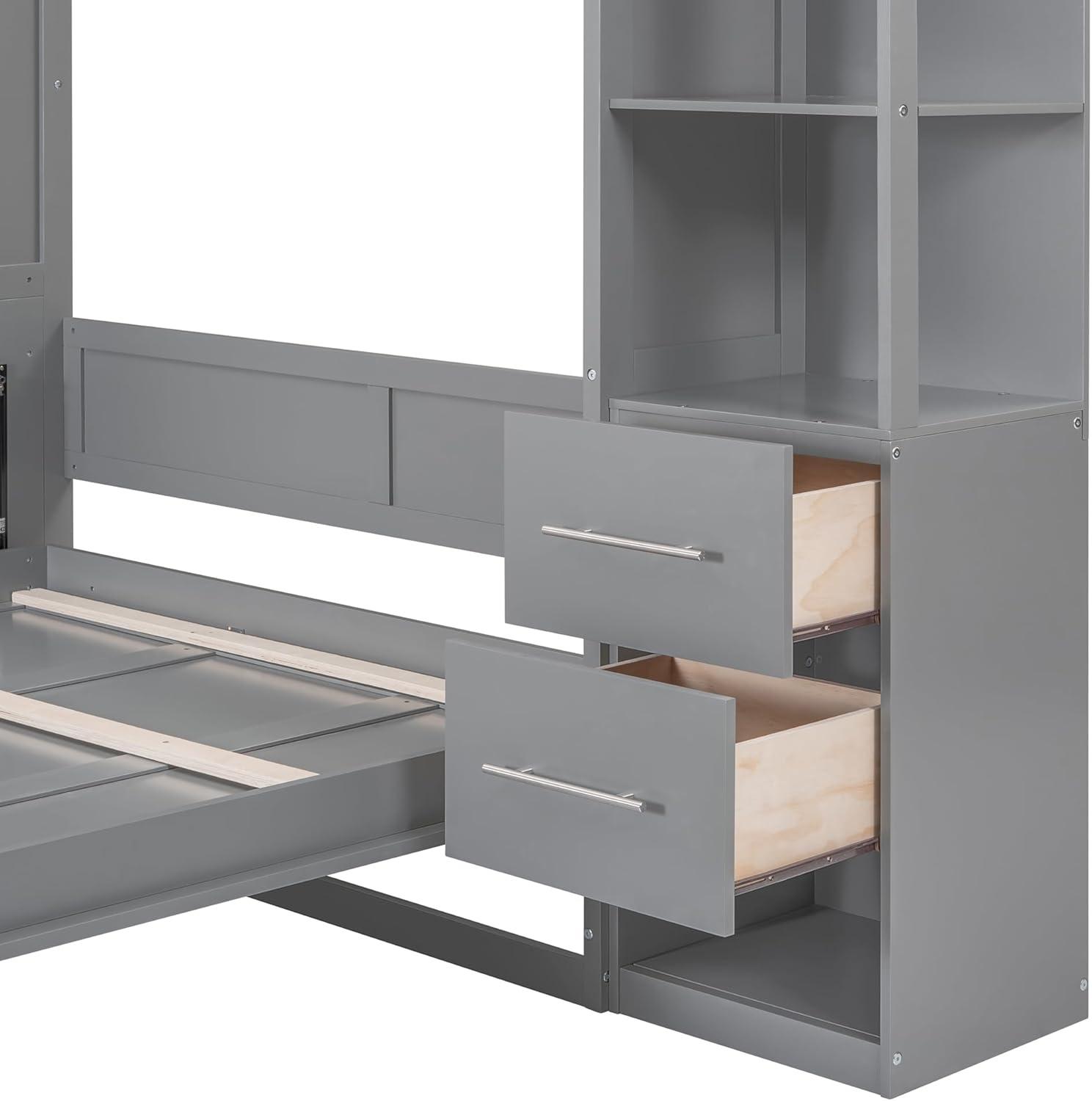 Gray Queen Size Murphy Bed with Shelves and Drawers