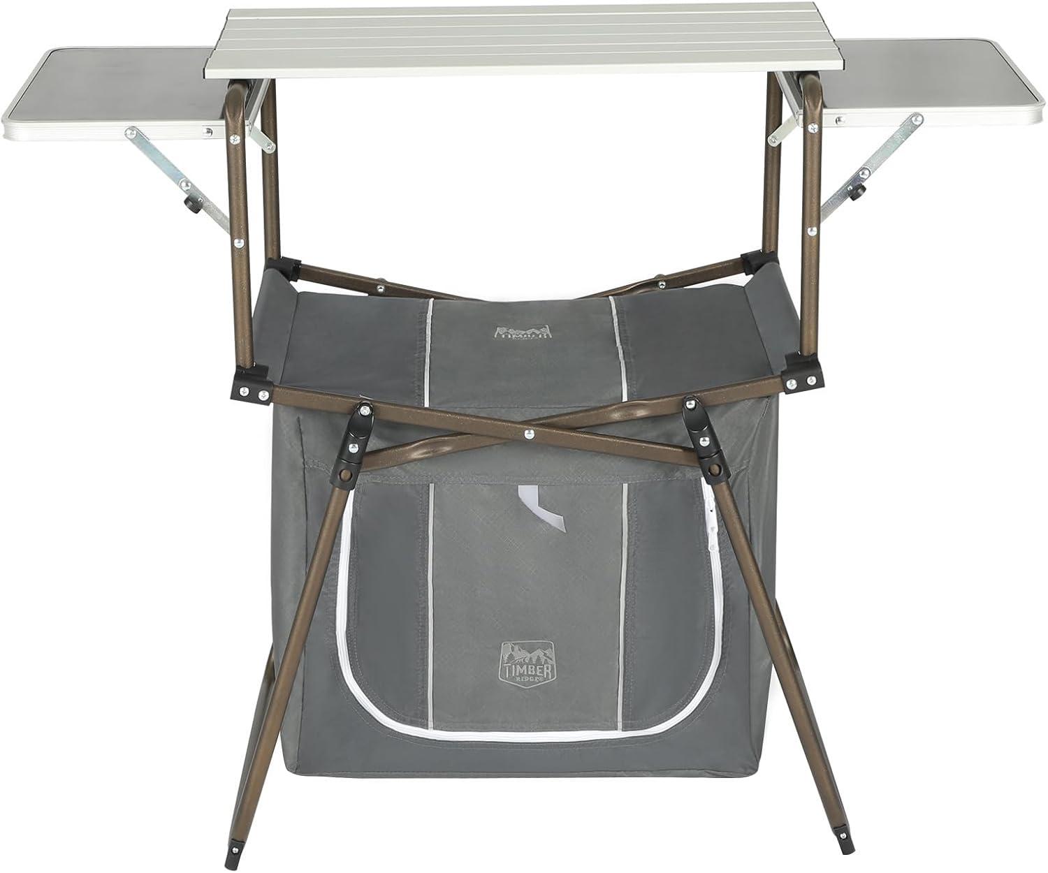TIMBER RIDGE Folding Camping Kitchen Table – Lightweight Aluminum Cook Station with Storage & Carry Bag, Portable BBQ Grill Table, Gray.
