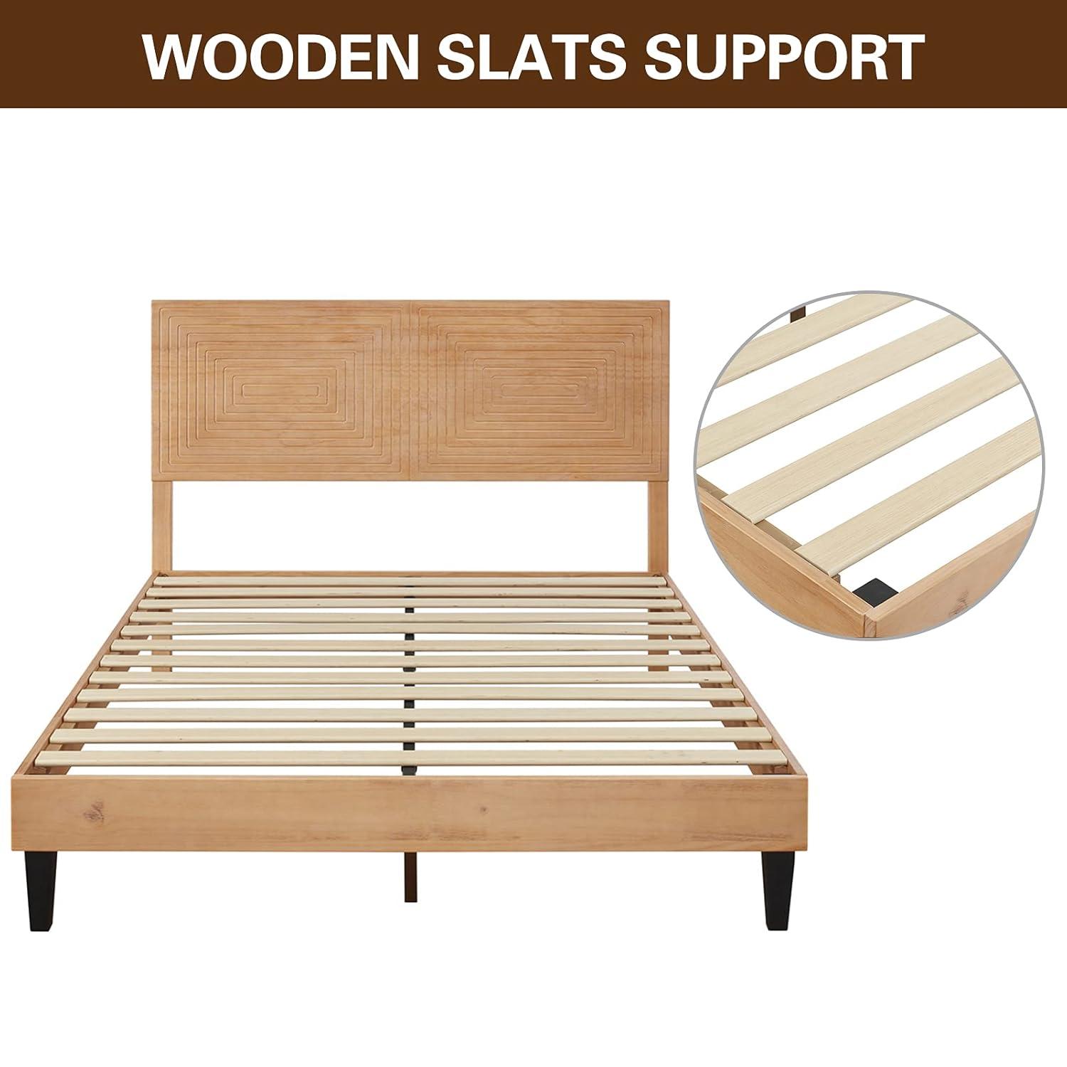 MUSEHOMEINC Queen Size Bed Frame with Adjustable Height Headboard,Mid Century Modern Wood Platform Bed,Mattress Foundation with Wooden Slat Support,No Box Spring Needed,Easy Assembly(Queen)