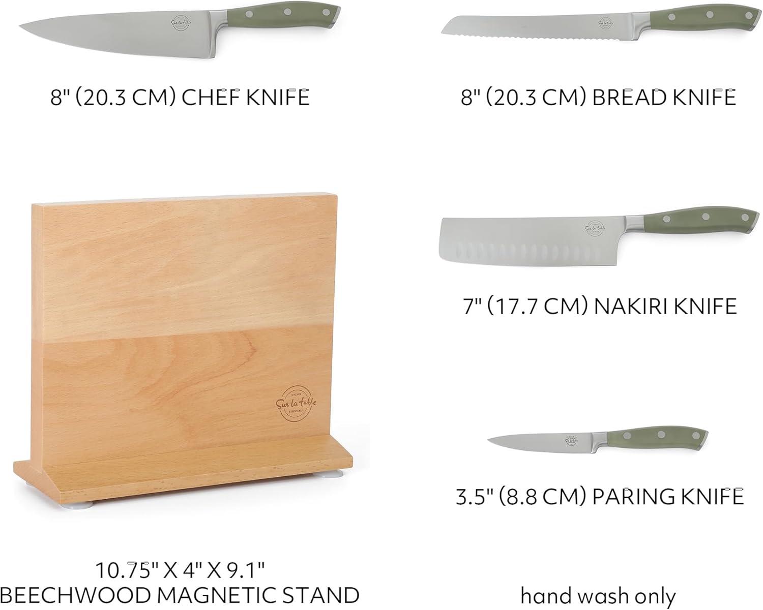 Sur La Table Kitchen Essentials Sur La Table Kitchen Essentials 5 Piece German Steel Blade With Triple Riveted Handle Set on Beechwood Magentic Block - Juniper Green