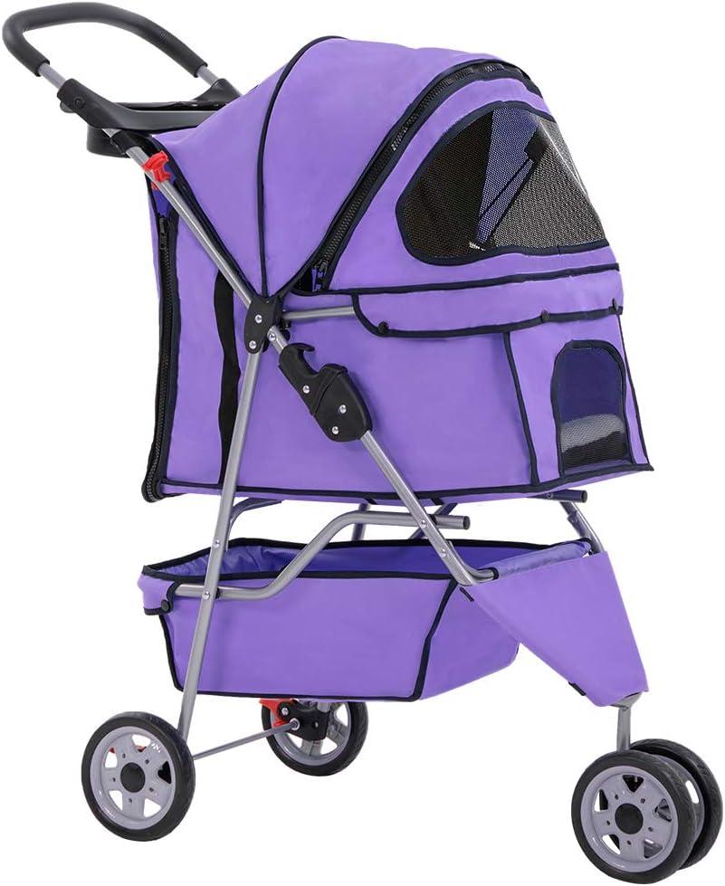 Purple 3-Wheel Foldable Pet Stroller with Storage Basket