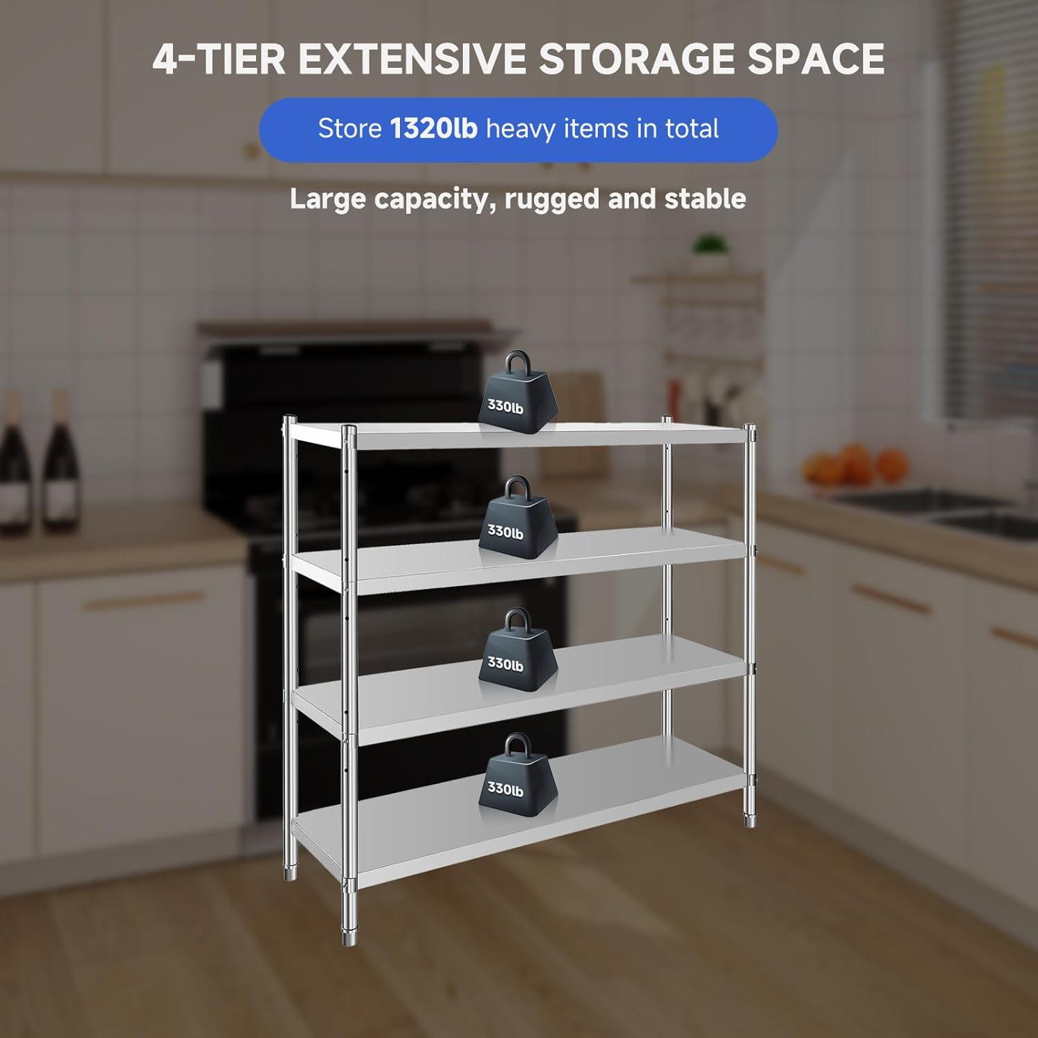 Ataucjin Stainless Steel Shelves,Storage Shelf 4-Tier Heavy Duty Adjustable Shelf Unit,Storage Rack Shelving Capacity Shelf Unit for Kitchen Garage Office Restaurant Warehouse,330lb Per Shelf