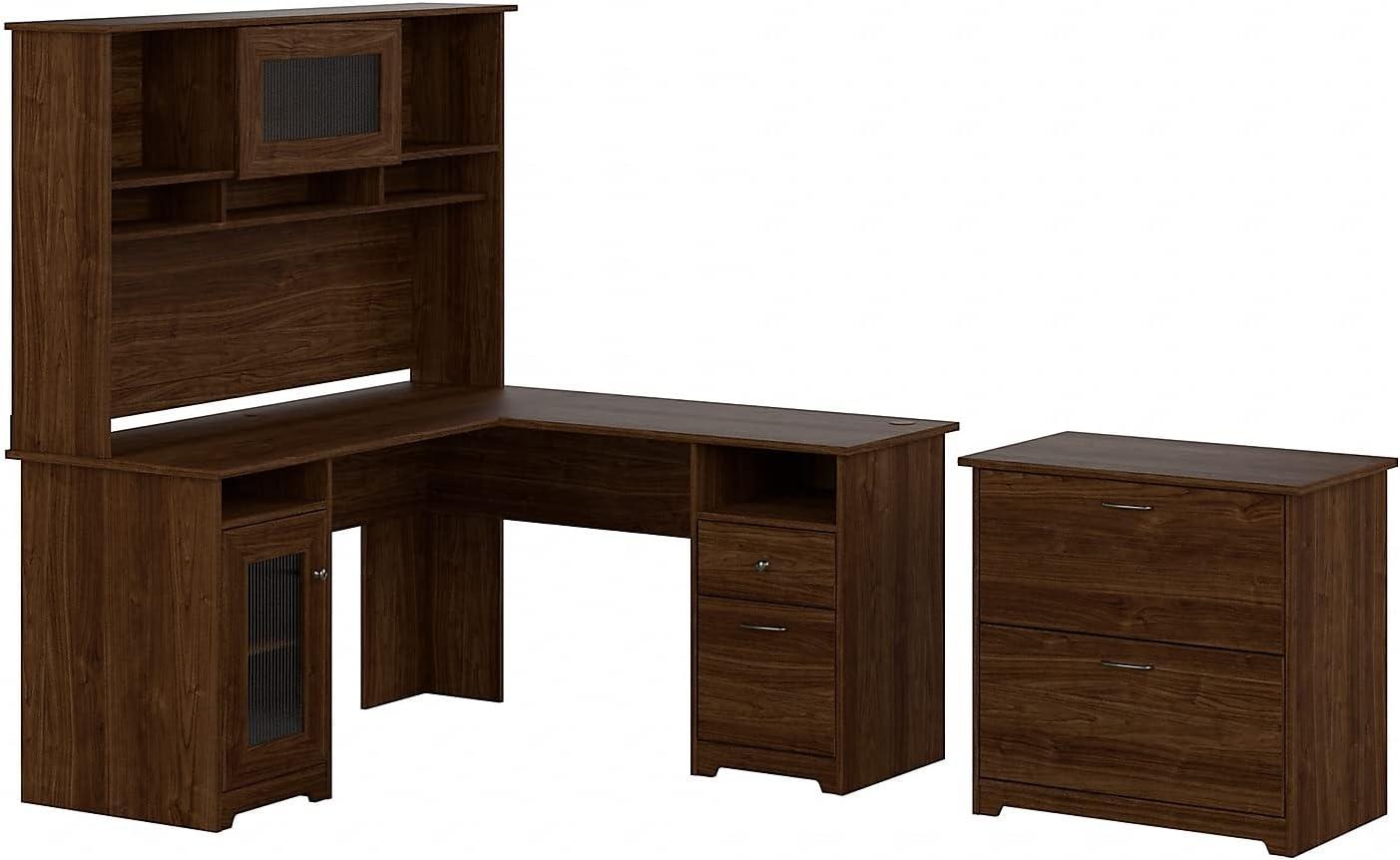 Cabot L Desk with Hutch & File Cabinet in Modern Walnut - Engineered Wood