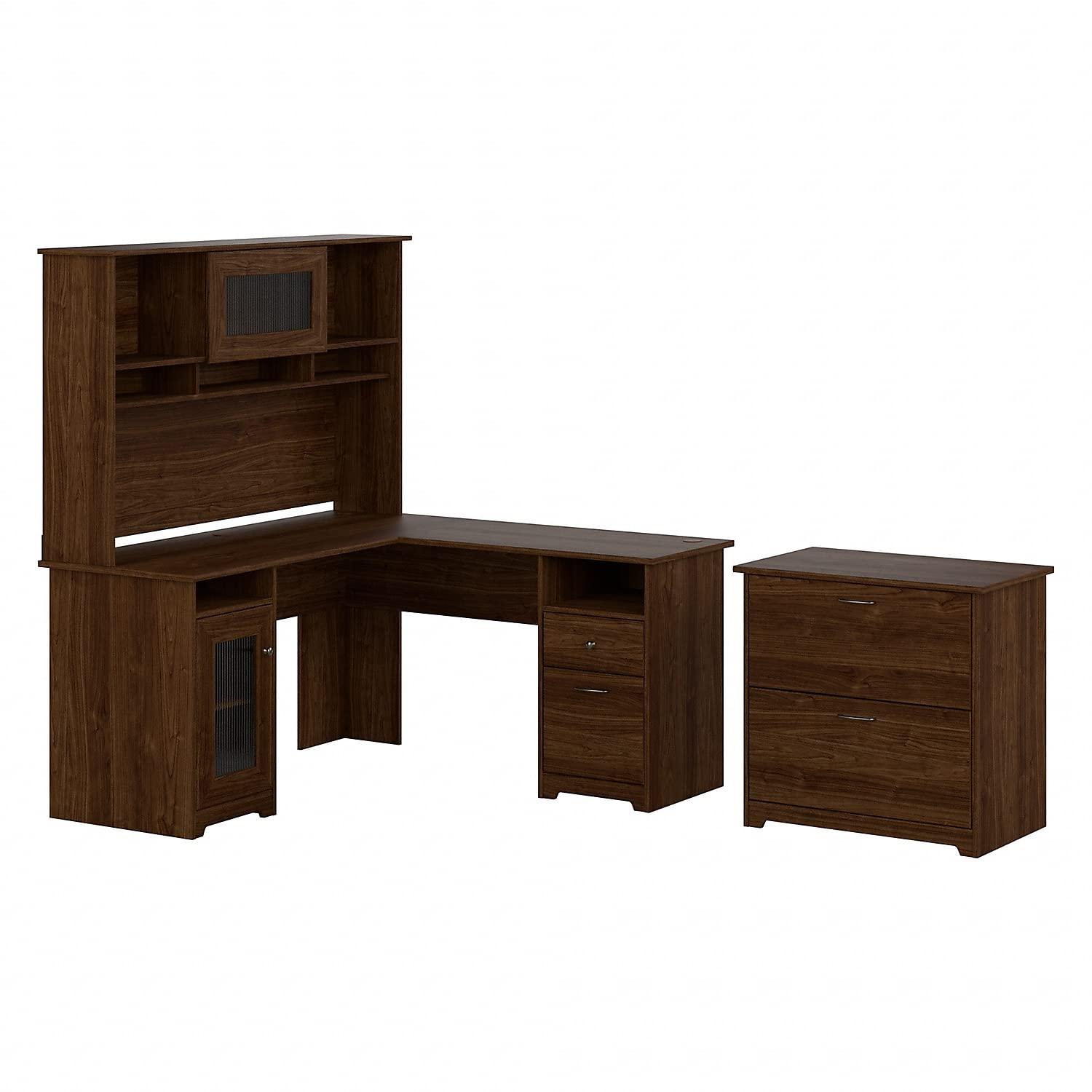 Cabot L Desk with Hutch & File Cabinet in Modern Walnut - Engineered Wood