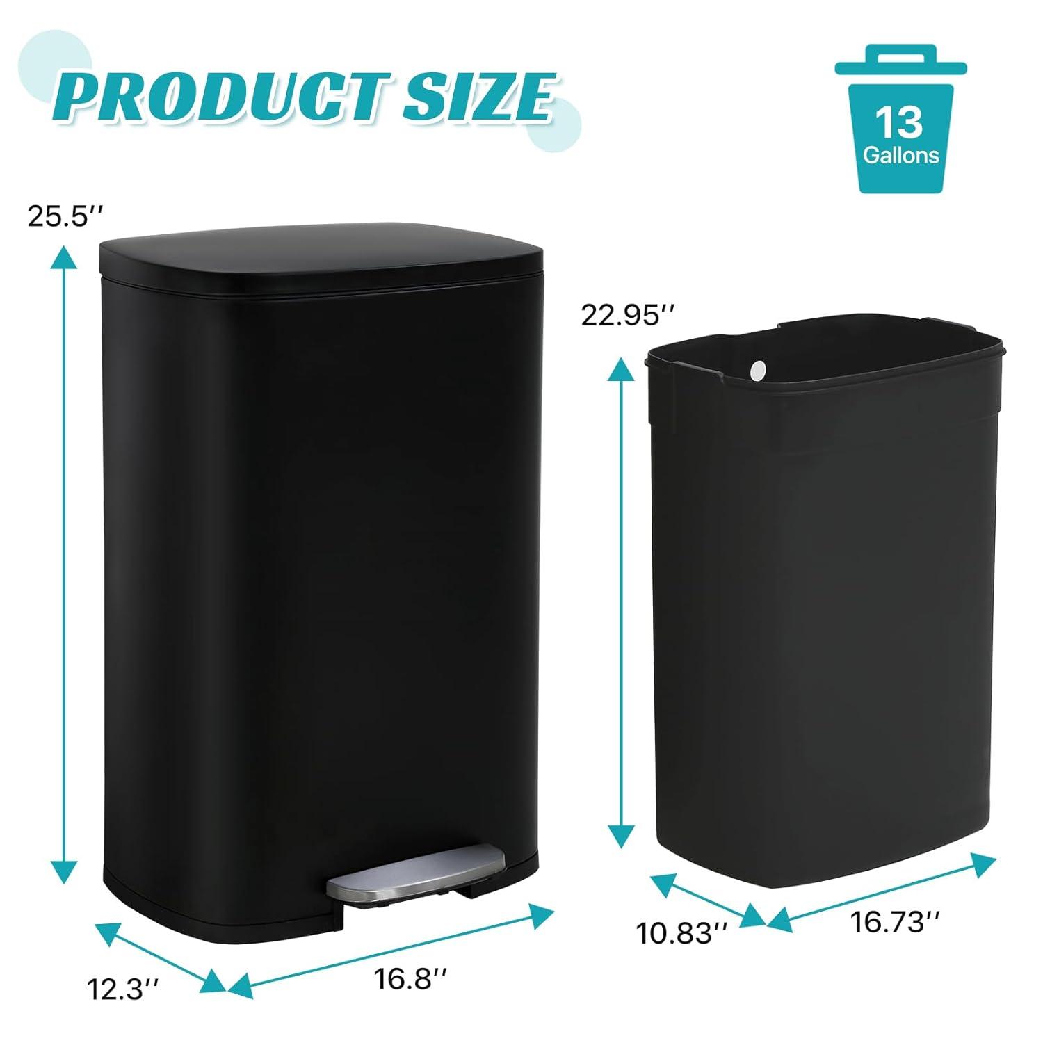 CL.HPAHKL 13 Gallon (50L)Trash Can ,Kitchen Trash Can, Stainless Steel with Lid, Foot Pedal and Inner Bucket, Fingerprint-Resistant Soft Close Lid Garbage Can, Pedal Rubbish Bin for Home Office