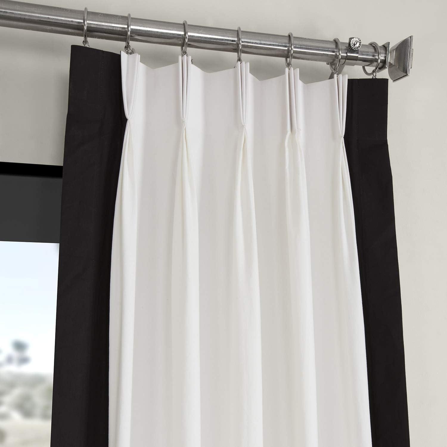 Warm Off-White & Black Cotton Pleated Room-Darkening Curtains