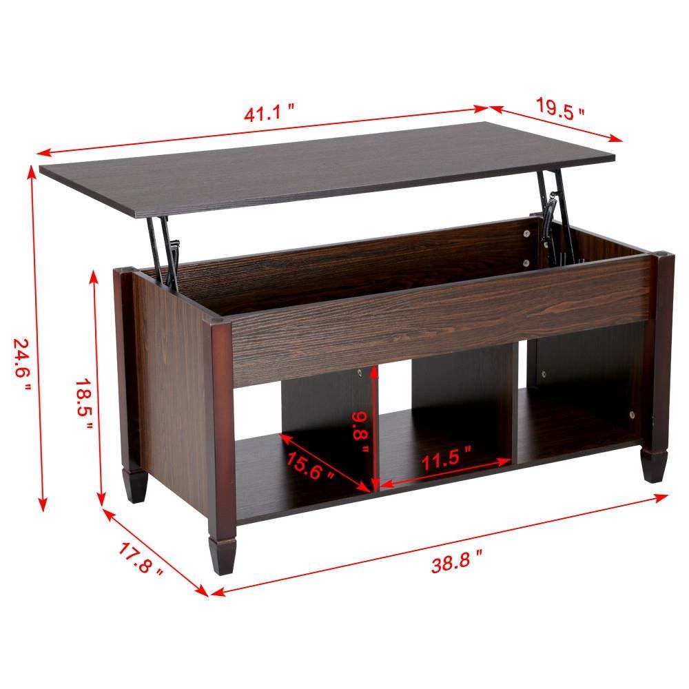 Lift Top Coffee Table with Storage Hidden Compartment & Shelf, Adjustable Height Pop-Up Center Table for Home, Living Room, Reception, Dark Brown, 41.1in L