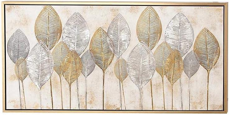 Canvas Leaf Living Room Framed Wall Art with Silver Accents and Gold Frame