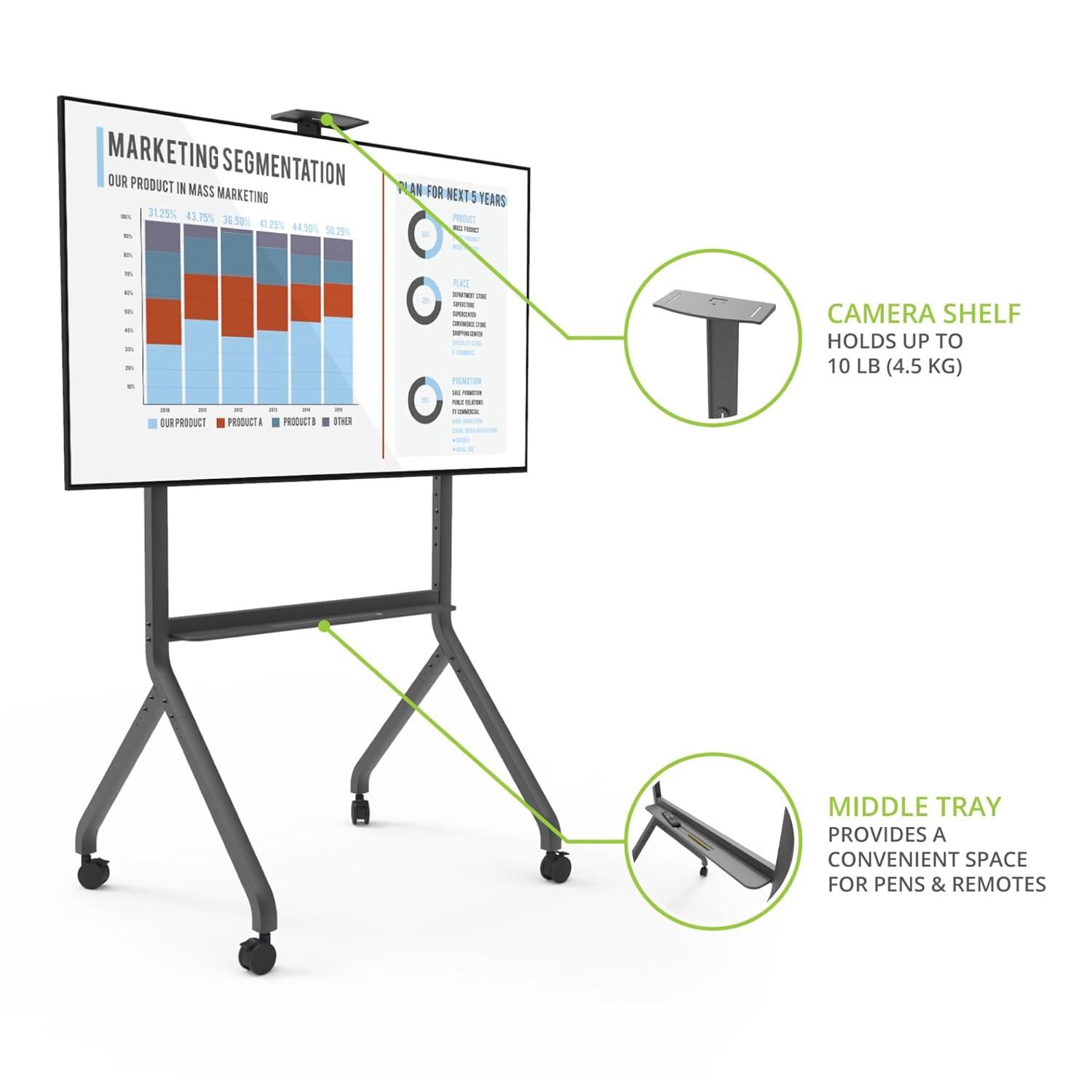 Kanto MTP100 Heavy Duty Height Adjustable Rolling TV Stand / AV Cart for 55" - 100" Screens up to 200 lbs (90.9kg)| Tray & Camera Shelf | VESA sizes from 200x200 to 900x600
