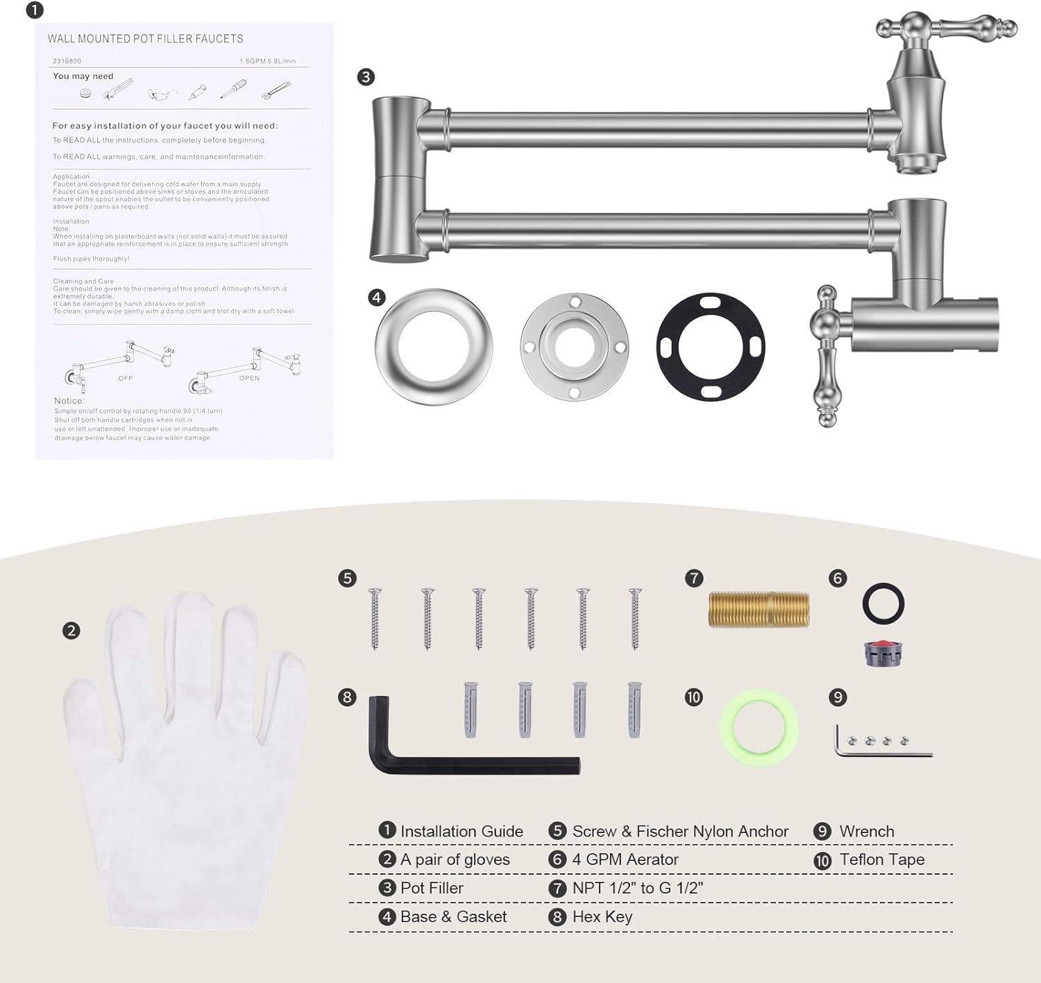 ARCORA AR7106800 ARCORA Wall Mounted Pot Filler Brass Folding Kitchen Faucet with 2 Handles
