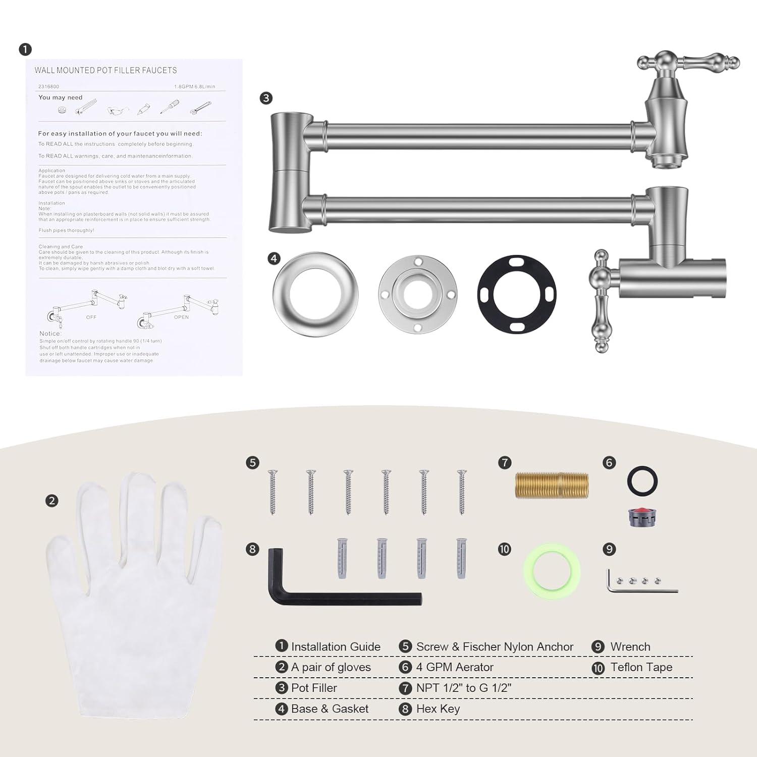 ARCORA AR7106800 ARCORA Wall Mounted Pot Filler Brass Folding Kitchen Faucet with 2 Handles