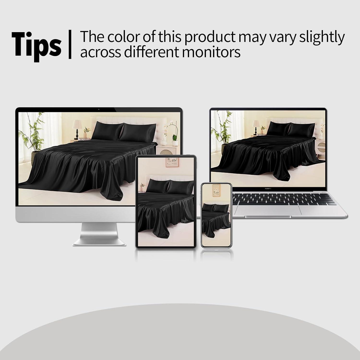 INKEDZ Satin Bed Sheets, Queen Size Sheets Set, 4 Pcs Silky Bedding Set with 15 Inches Deep Pocket for Mattress (Queen, Black)