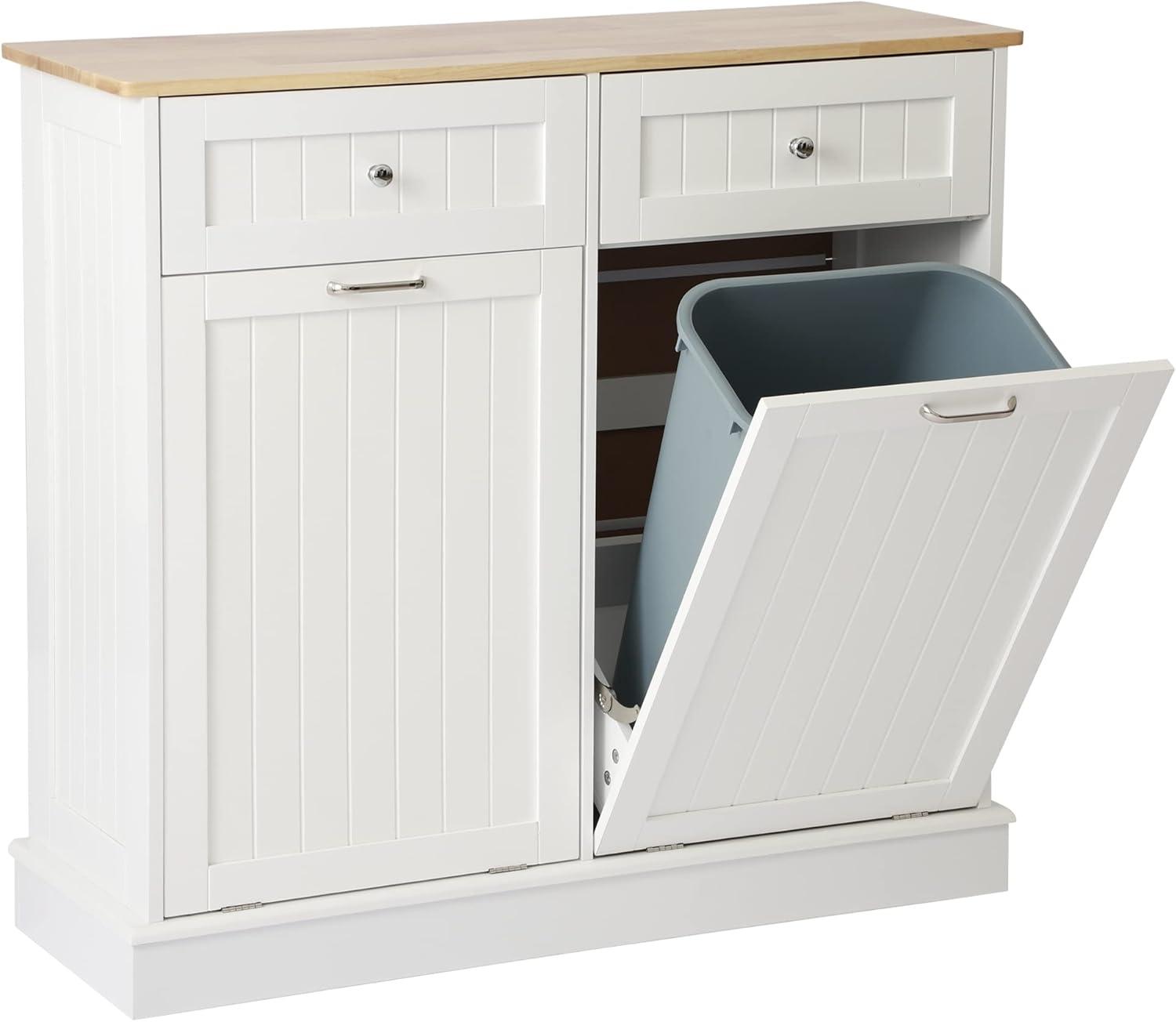 TC-HOMENY Dual Tilt Out Trash Cabinet, Trash Can with Countertop and Drawer, Free Standing Trash Can Cabinets with Lid Support Hinge, Recycling Cabinet Free Standing For Kitchen, Laundry Room, White