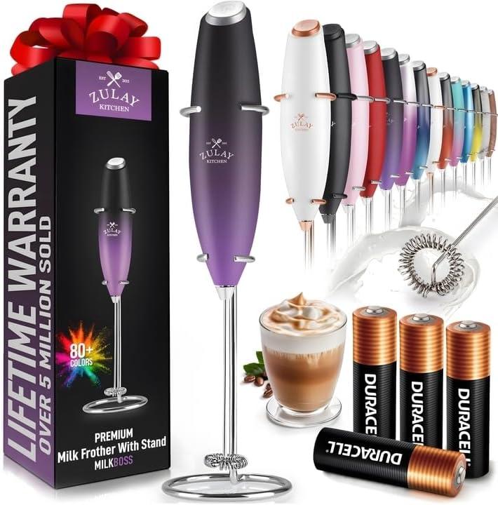 Zulay Kitchen Zulay Kitchen Milk Frother with Batteries 4pcs Duracell Included - Handheld Milk Frother Wand Drink Mixer for Coffee, Latte, Cappuccino, Tea, Hot Chocolate