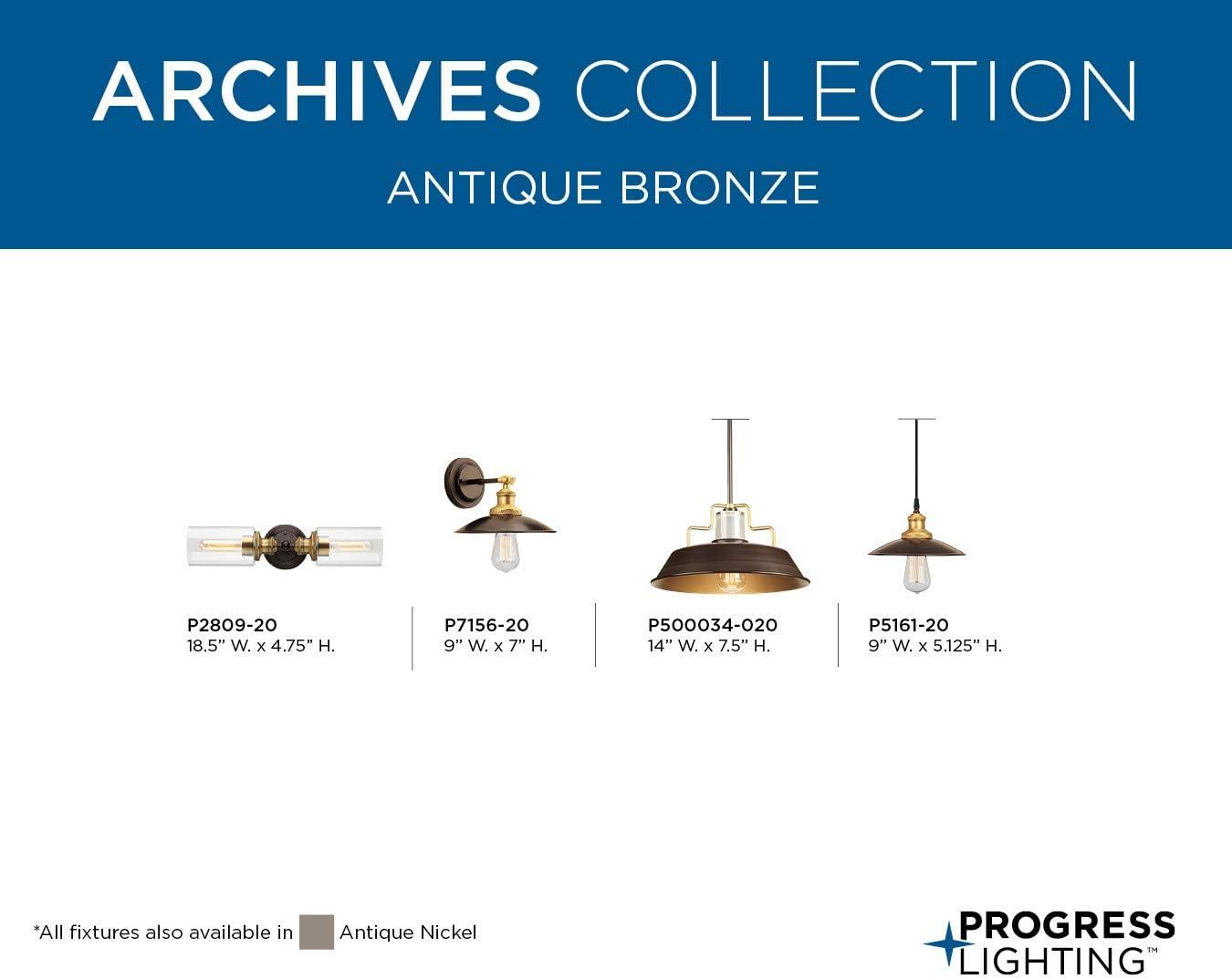 Progress Lighting Archives 2-Light Bath Vanity Fixture, Antique Bronze/Natural Brass, Clear Glass Shades