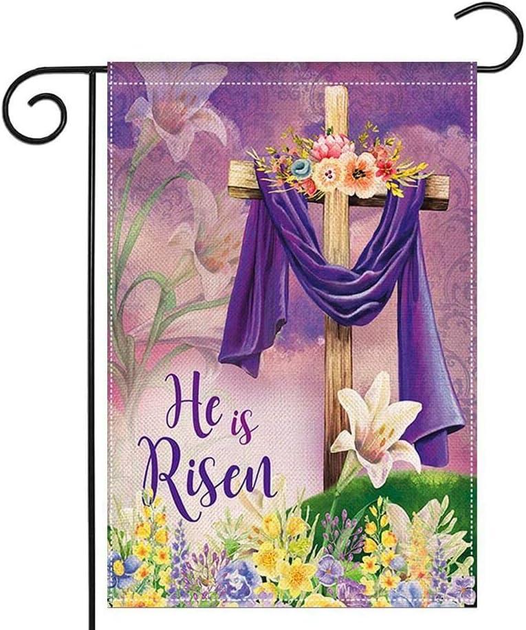 He is Risen Purple and White Polyester Garden Flag