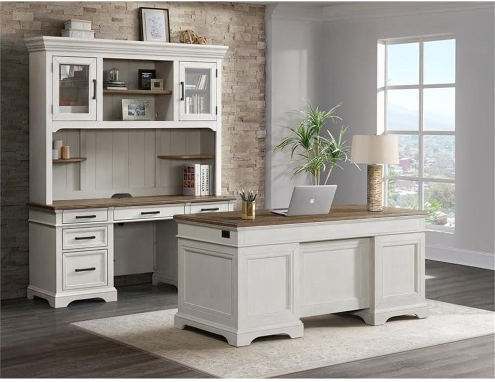 Rustic White and Oak 66" Executive Desk with Drawers