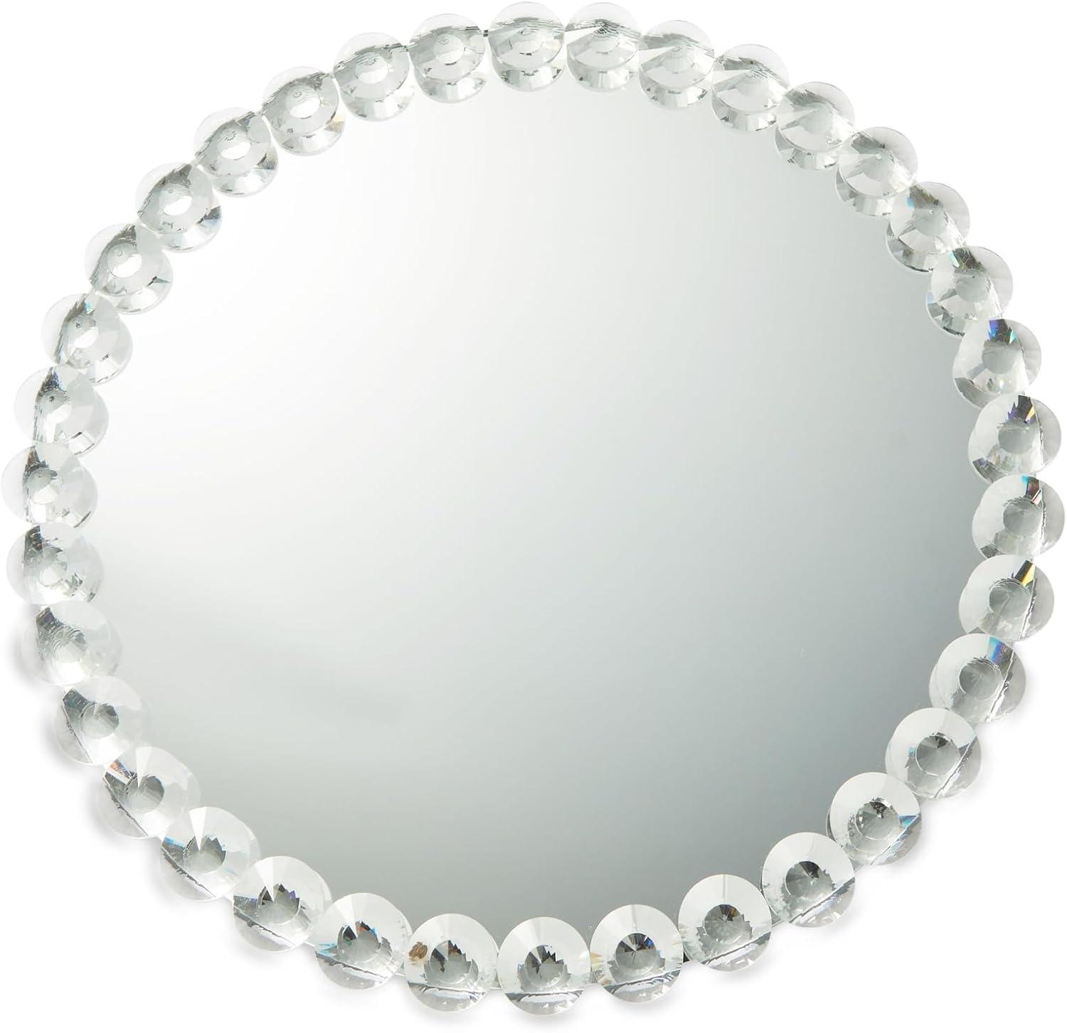 Okuna Outpost 12 in Crystal Bead Round Mirror Tray to Display Perfume, Jewelry, Candles, Bling Serving Tray for Bathroom, Living Room, Office, Vanity, Home Decor