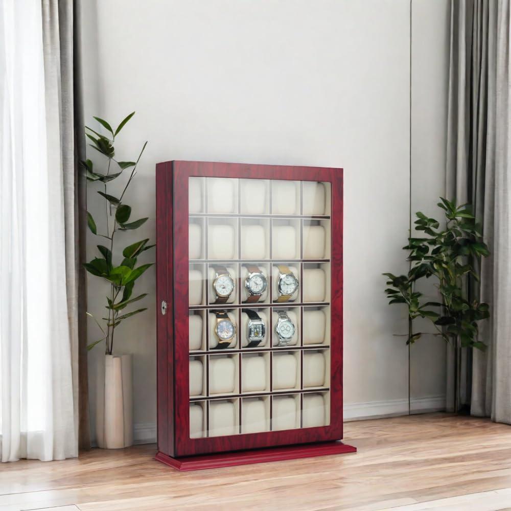 Cherry Wood 30-Slot Wall Mounted Watch Display Case