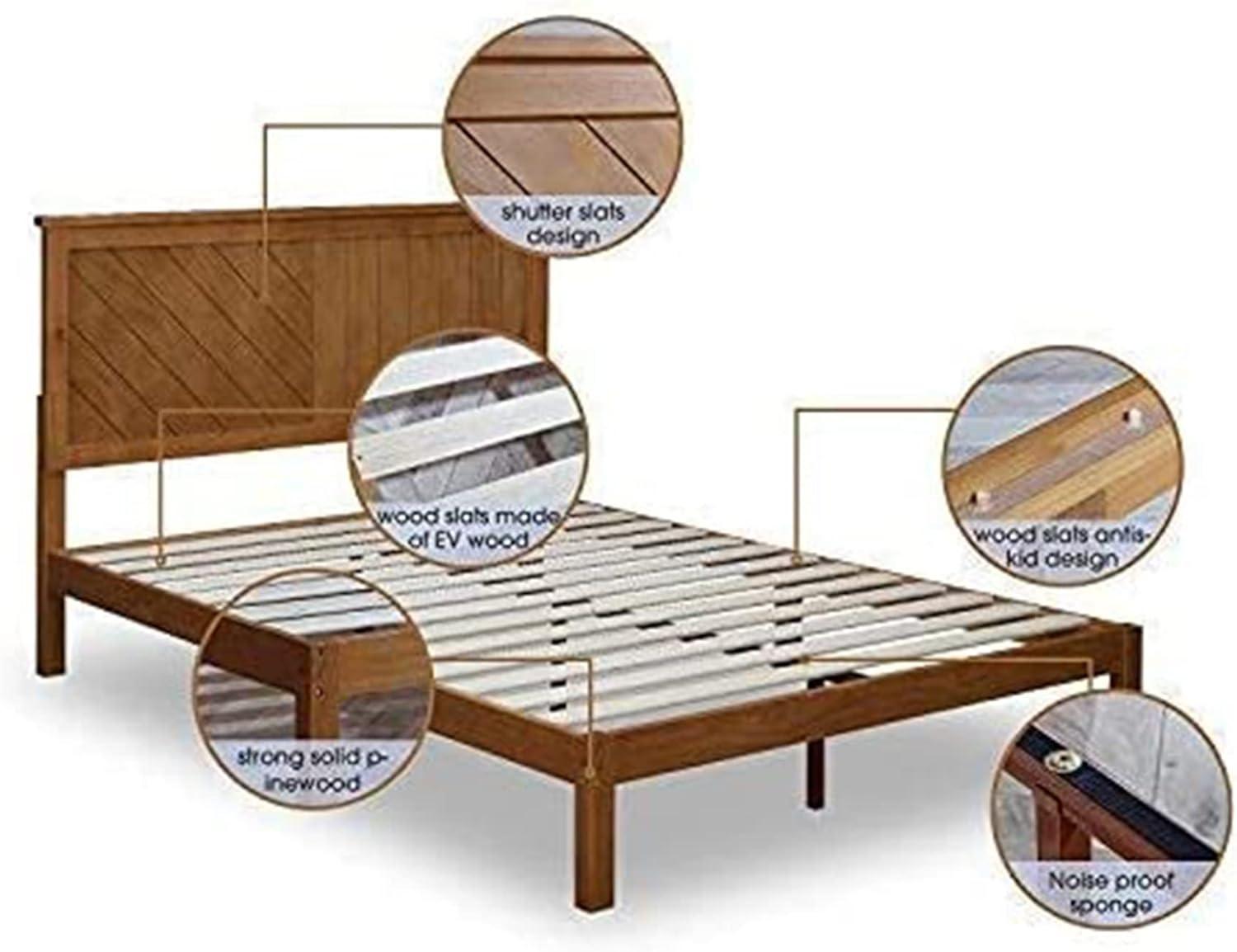 Twin Rustic Pine Wood Platform Bed with Upholstered Headboard and Storage Drawer