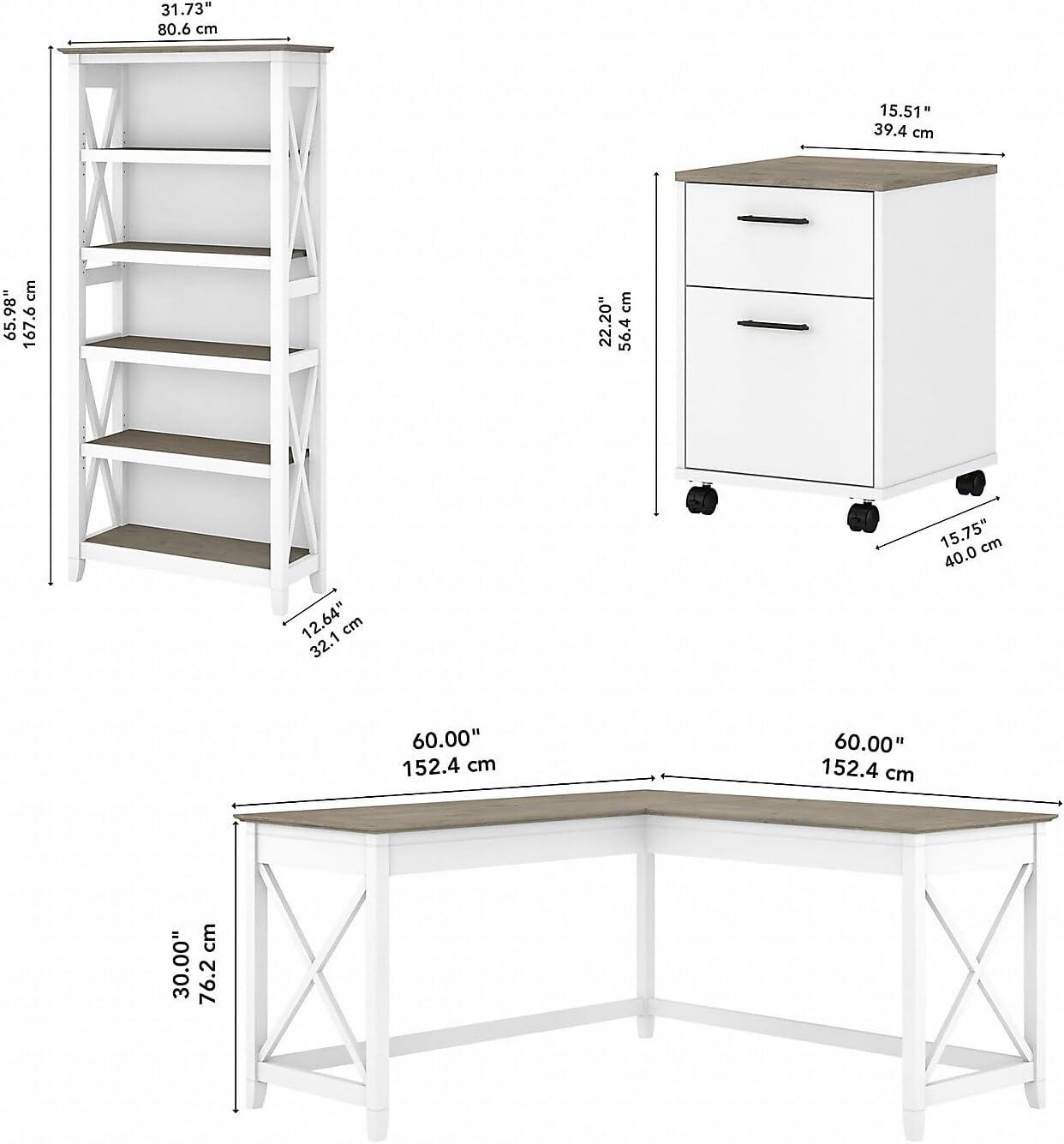 Key West L Desk with Drawers and Bookcase in White and Gray - Engineered Wood