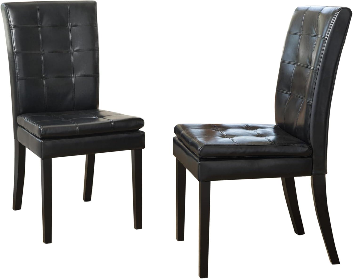 Black Bonded Leather Tufted Dining Chairs with Wood Legs, Set of 2