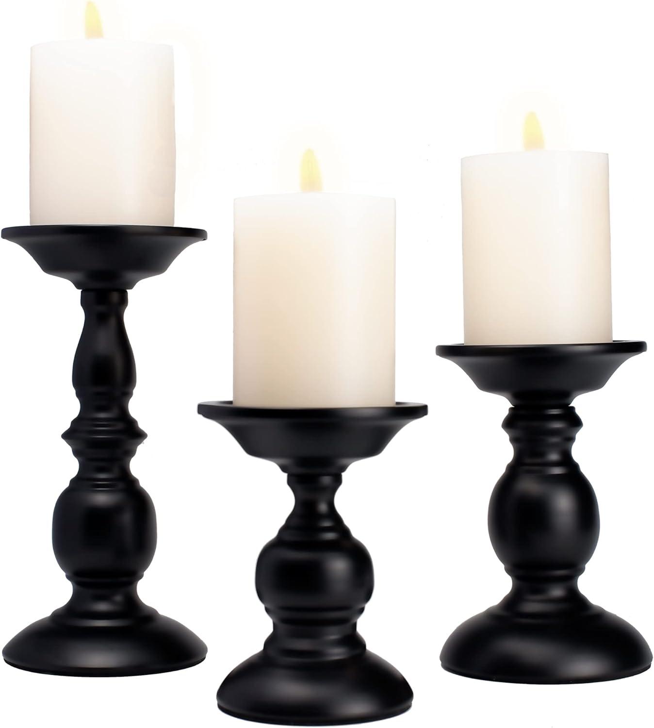 Black Iron Pillar Candle Holders Set of 3, 5.3/6.8/9.1 Inches