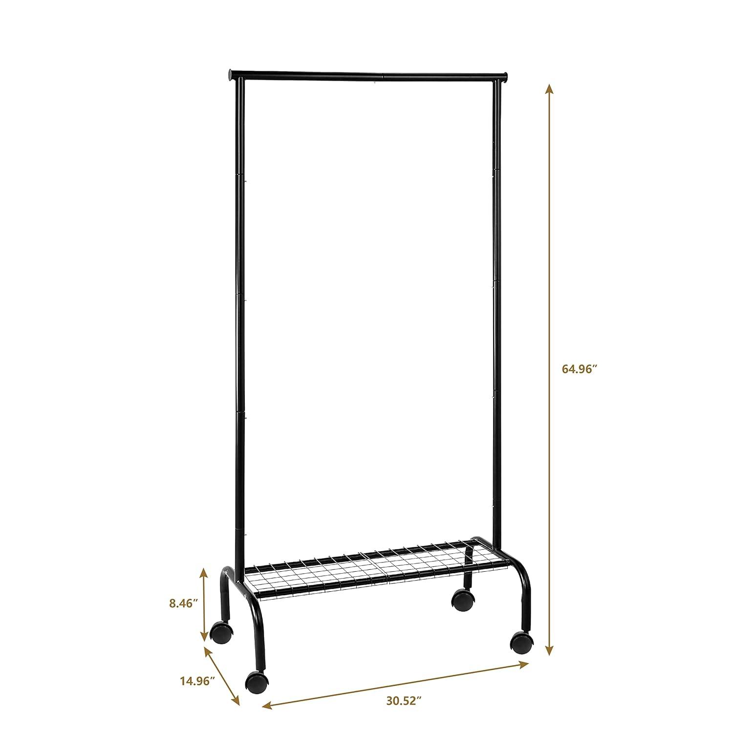 SunnyPoint Compact Rolling Garment Rack with Shelf – Heavy-Duty Metal Clothes Rack with Wheels and Bottom Shelf, 68” Tall, Black