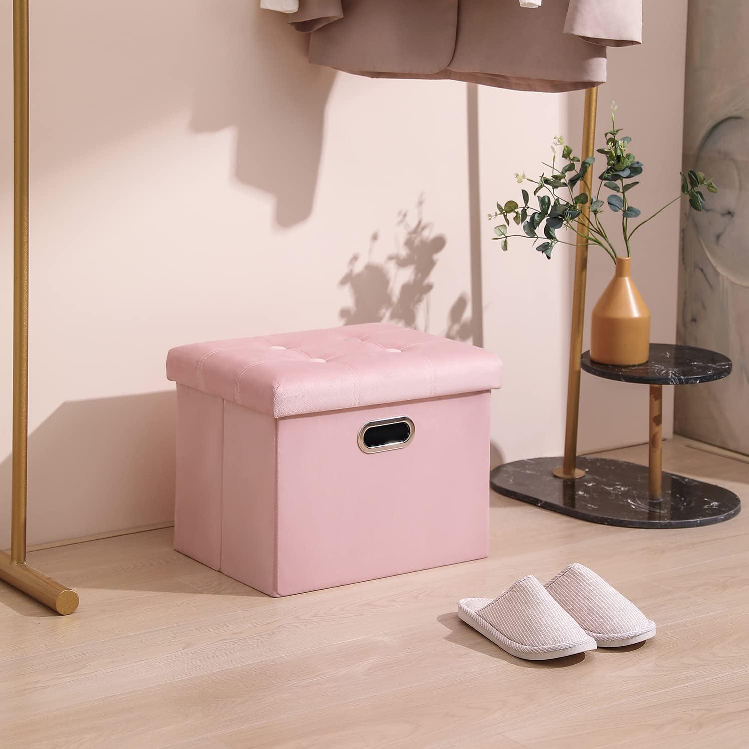 PRANDOM Extra Large Ottoman with Storage [1-Pack] Velvet Folding Small Square Foot Stool with Lid for Toy Living Room Bedroom Coffee Table Dorm Pink 30.5x15x15 inches