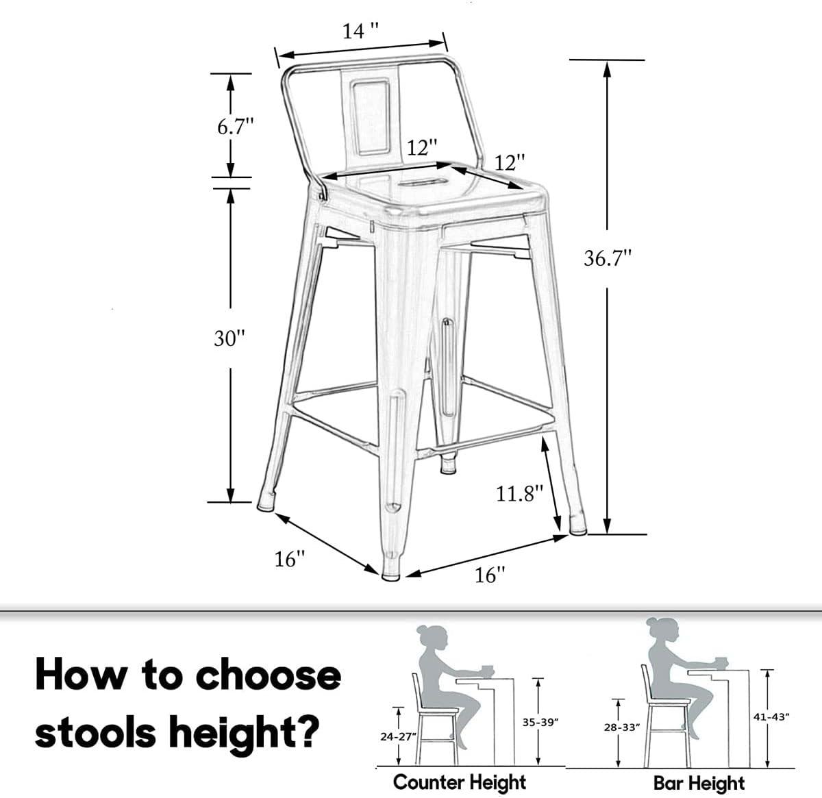 Andeworld 26" Low Back Metal Counter Stool Height Bar Stools [Set of 4] Barstools, Black