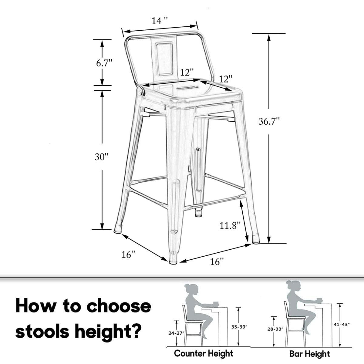 Andeworld 26" Low Back Metal Counter Stool Height Bar Stools [Set of 4] Barstools, Black