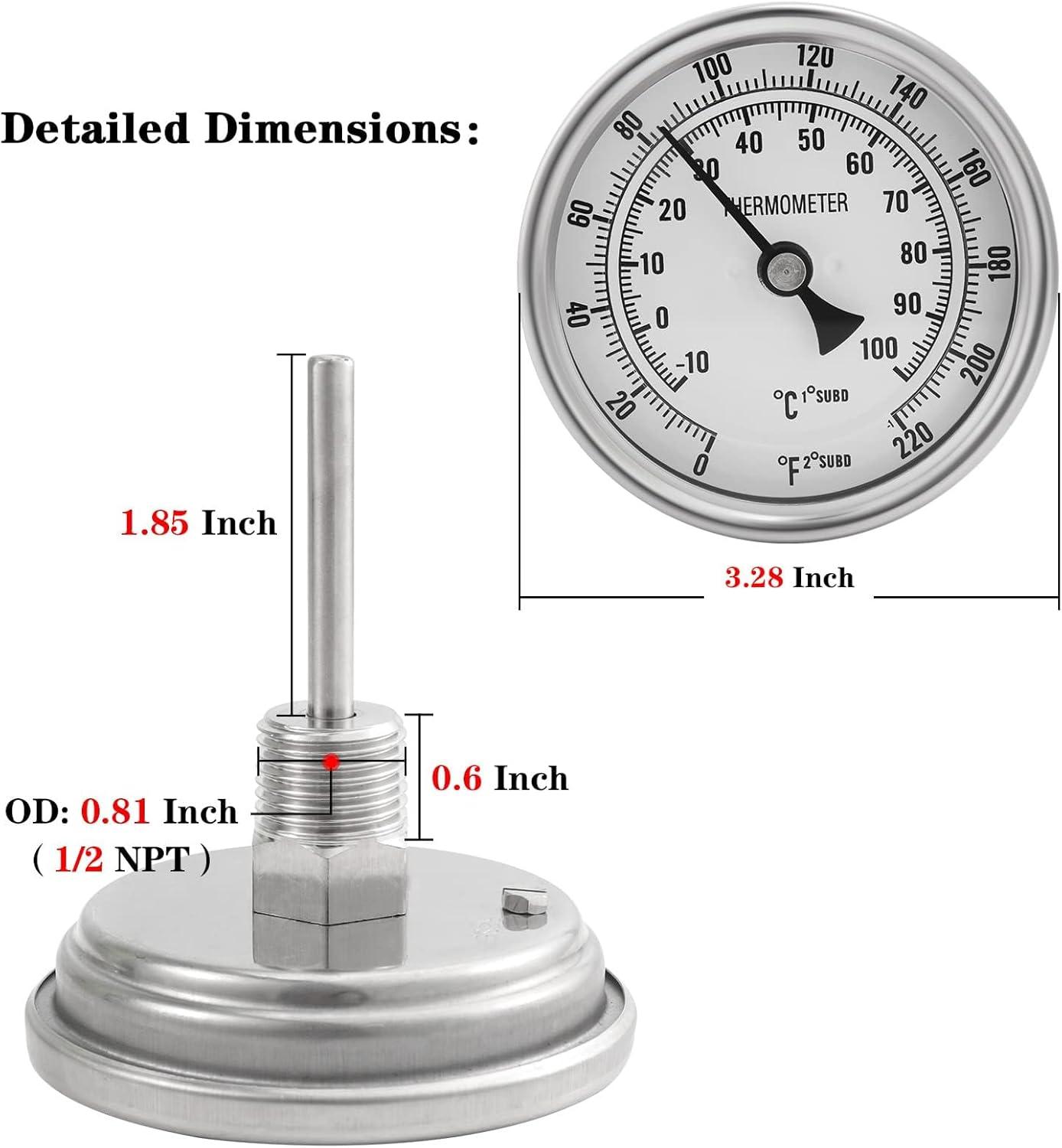 3" Dial 2" Probe FERRODAY 1/2 NPT Stainless Steel Thermometer Dial Thermometer 1/2 NPT Homebrew Kettle Thermometer Weldless w/O-Rings 0-220ºF Kettle Thermometer Stainless Steel Brew Pot Thermometer